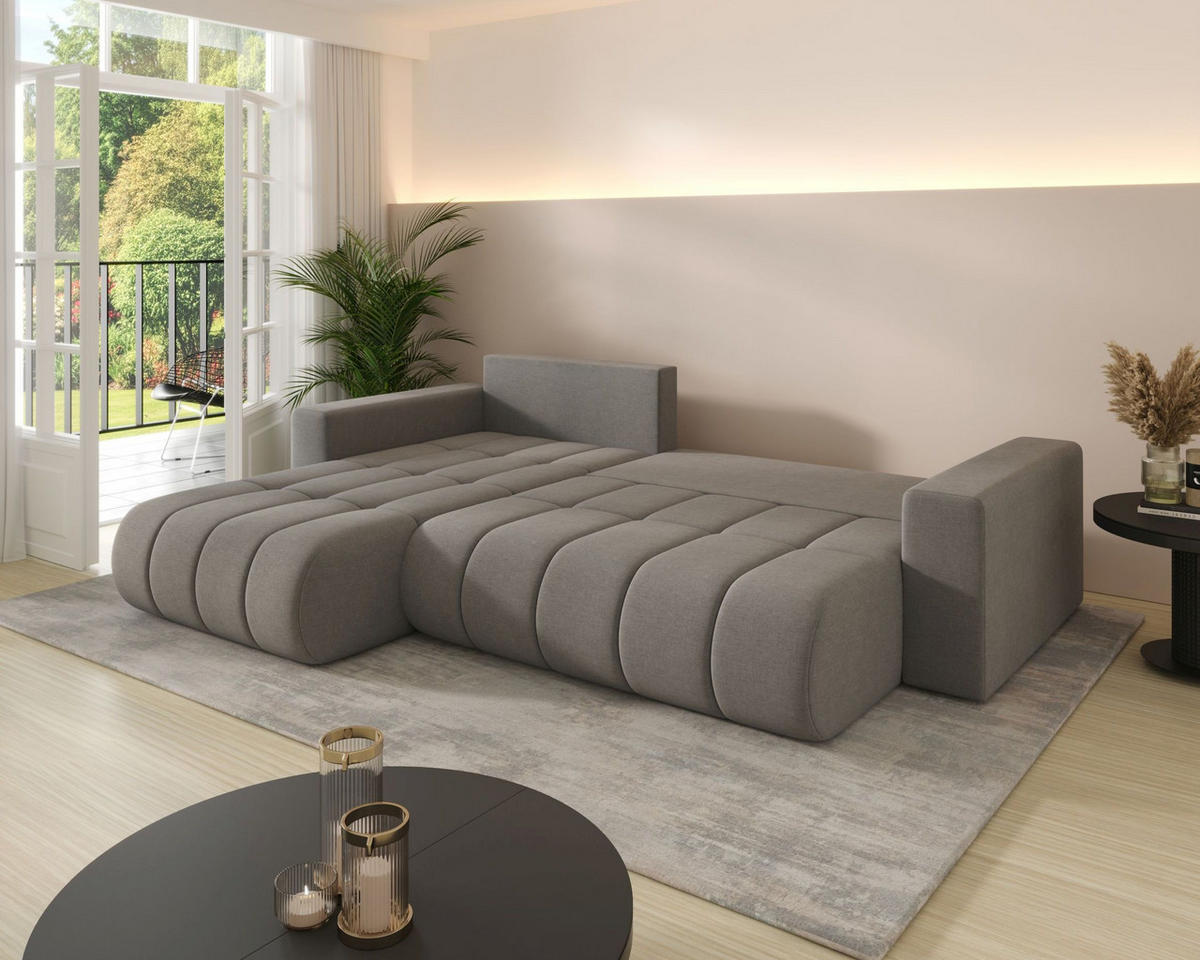 ECKSOFA LARA PREMIUM links hellgrau Velours Monolith 84 - Schlaffunktion, Bettkasten - Hellgrau, Textil (280/175cm) - Cornero