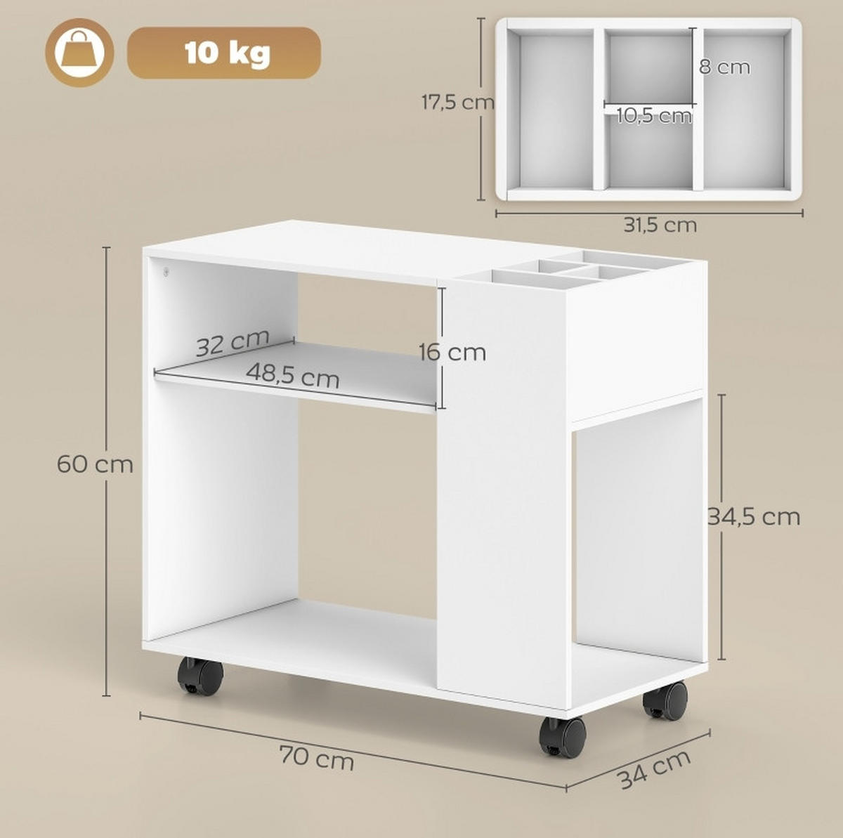 BÜCHERREGAL 70/34/60 cm in Weiß mit Rollen und offenen Ablagen - Weiß, Holz (70/60/34cm) - BEAOK
