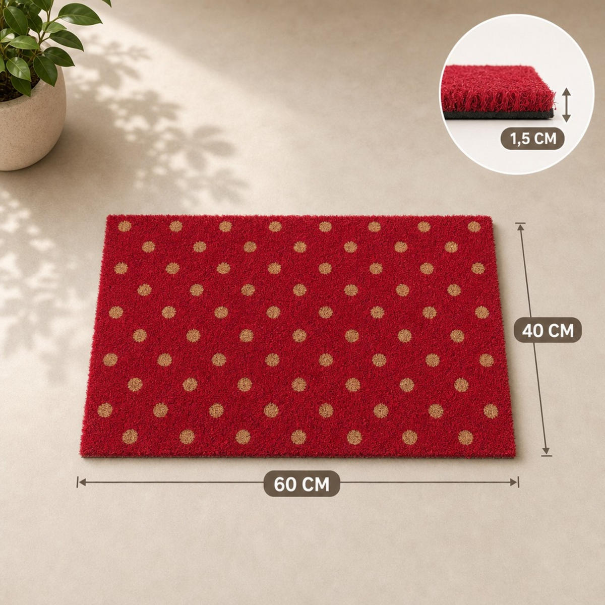FUSSMATTE Rot Natur Kokos rutschfest 60x40 cm - Rot, Kunststoff/Textil (40/60cm) - Relaxdays