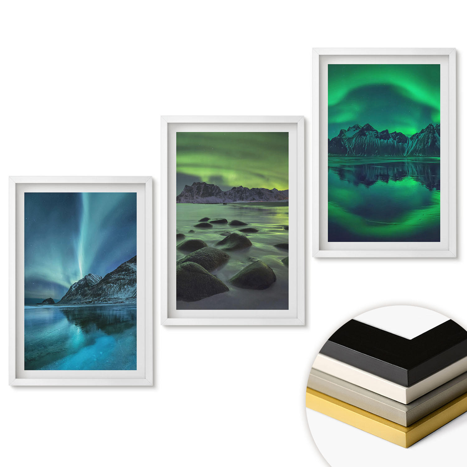 WANDBILDER 3er-Set - 40x60 cm Weißer Rahmen - Winterlandschaft der Aurora borealis - Weiß, Kunststoff (40/60cm) - ArtPrintCave