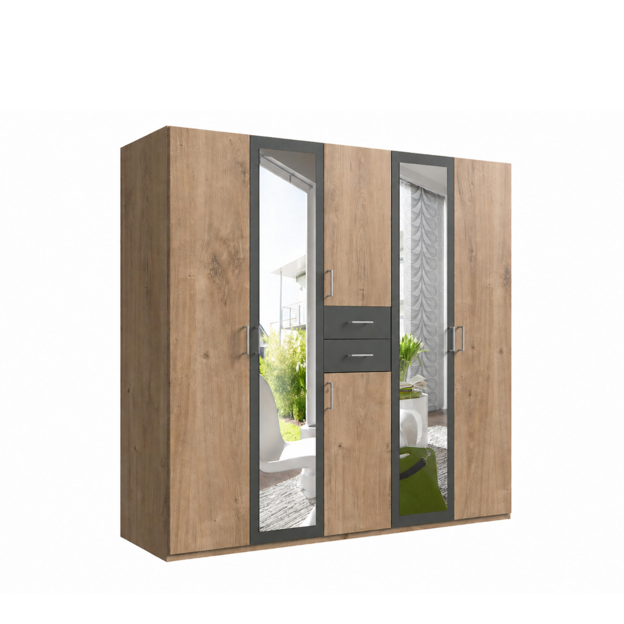 DREHTÜRENSCHRANK Kleiderschrank B225/H208/T58 cm mit Schubkästen & 2 Spiegeltüren, Eiche Dekor mit Absetzungen in Grafit / 22592 - Eichefarben/Silberfarben, Holzwerkstoff/Kunststoff (225/208/58cm) - luma-home