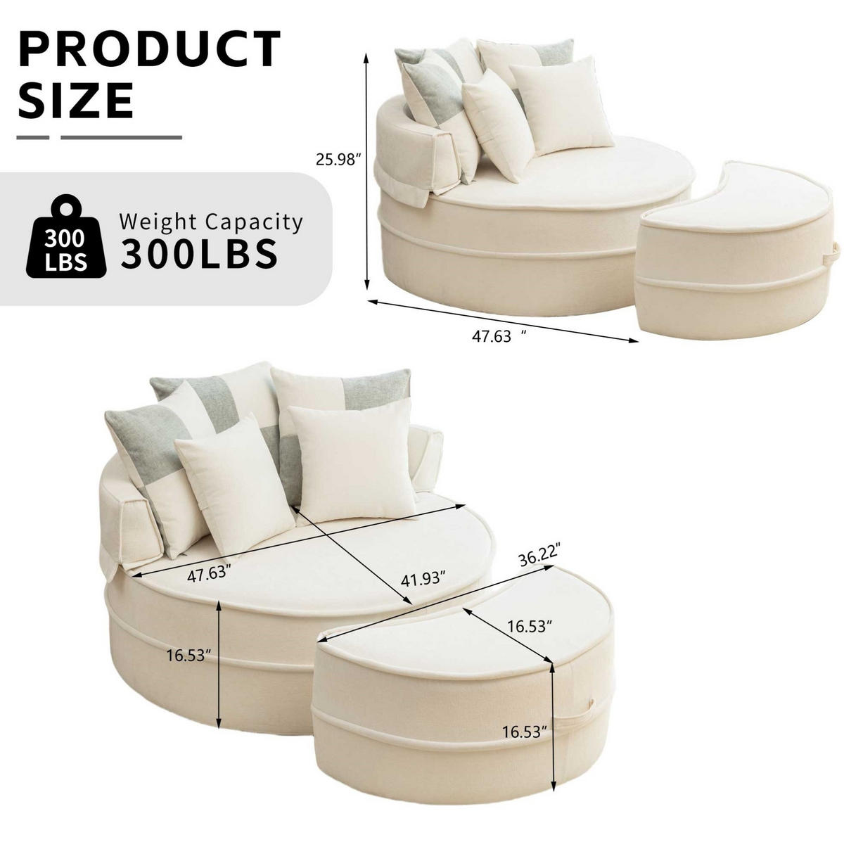 LOUNGESESSEL aus Schaumstoff 107x121 cm Beige mit Ottomane, 5 Kissen und montagefreiem Komfort - Beige, Kunststoff (163/66/121cm) - Modfu