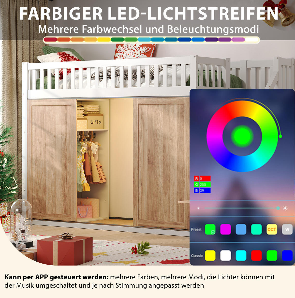 HOCHBETT 90/200 cm mit Kleiderschrank, Treppenschrank und App-gesteuerter LED-Lichtleiste, Weiß/Eichefarben - Weiß, Holzwerkstoff (90/200cm) - Redom