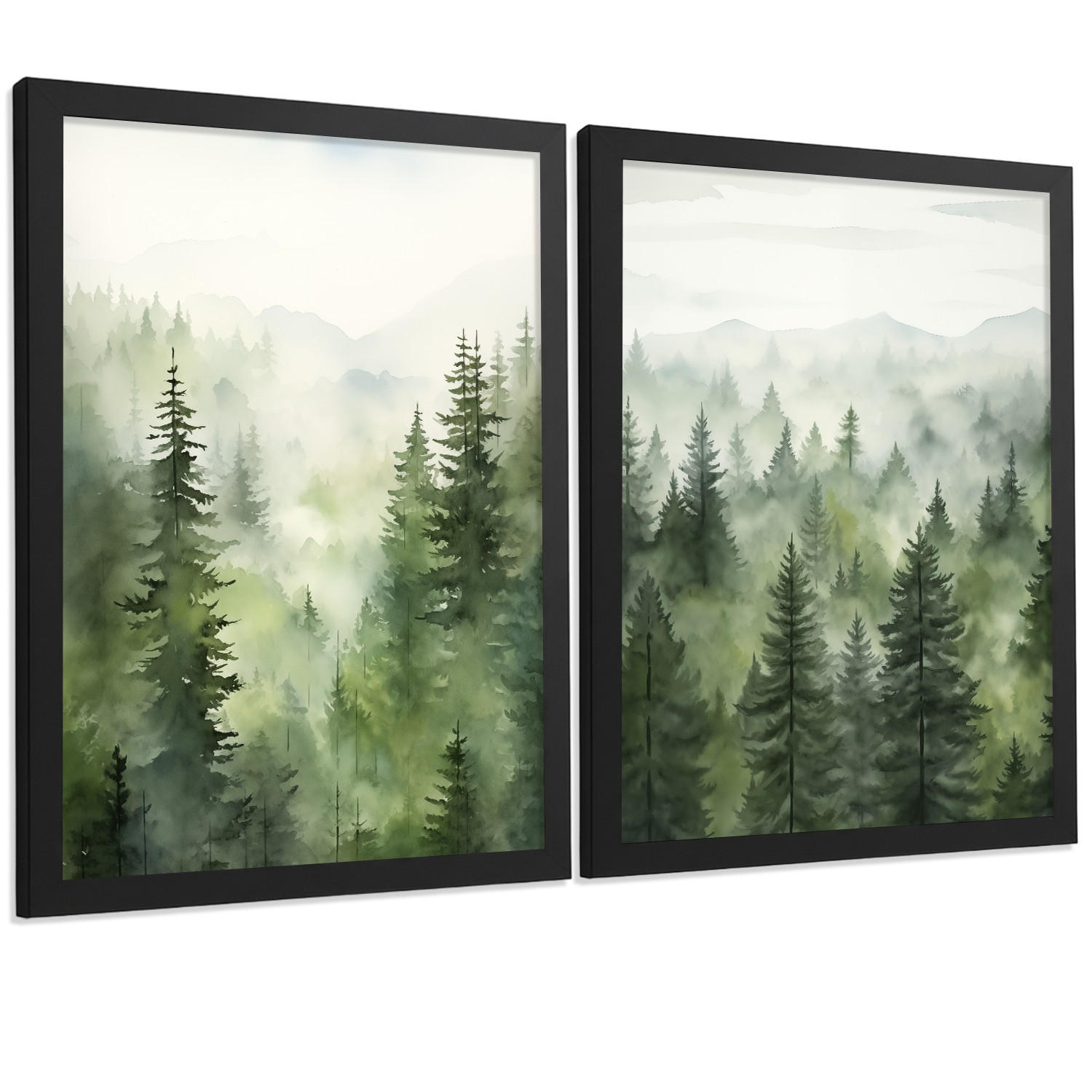 PLAKAT Sada 2 dekorativních tisků Nordic Forest Landscape Moderní obývák Obrázky - Zelené dekorativní plakáty Dekorace Obývací pokoj A3 Černý rám - černá, papír (29.7/42/3cm) - Nacnic