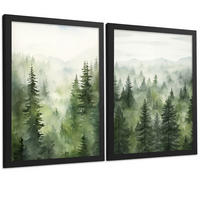 PLAKAT Sada 2 dekorativních tisků Nordic Forest Landscape obývák Obrázky - Zelené dekorativní plakáty Dekorace ložnice Obývací pokoj A4 černý rám - černá, papír (29.7/42/3cm)