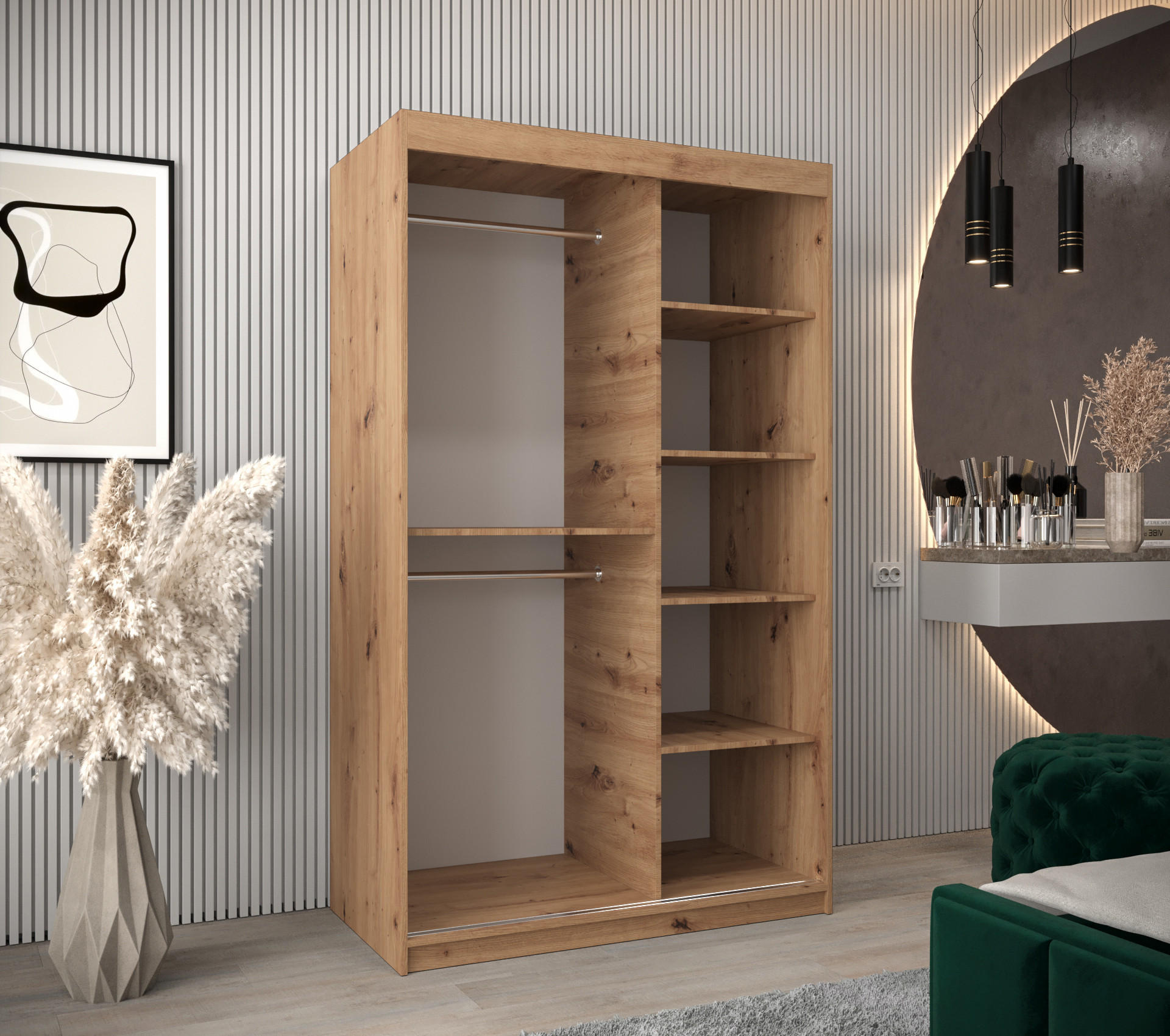 Thumbnail - Abiks Möbel Schwebetürenschrank, Eiche Artisan, Weiß, Kunststoff, Nachbildung, 5 Fächer, 120x200x62 cm, Schlafzimmer, Kl...