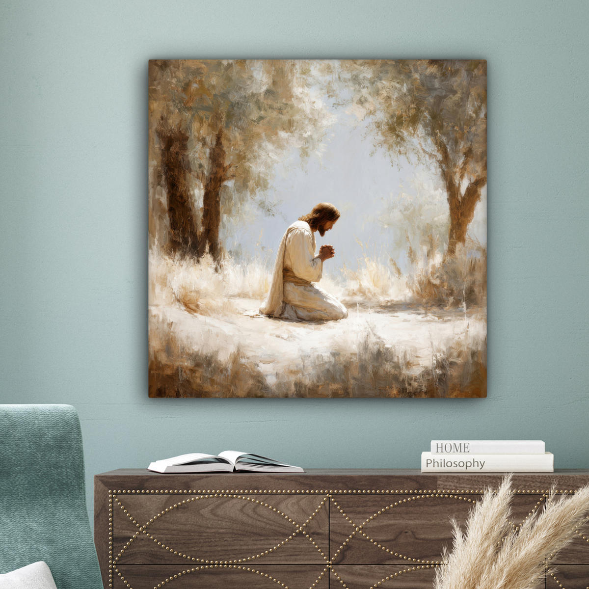 LEINWANDBILD Jesus - Kniend - Waldlandschaft - Betend Deko Groß 90x90 cm - Beige/Hellblau, Textil (90/90cm) - MuchoWow