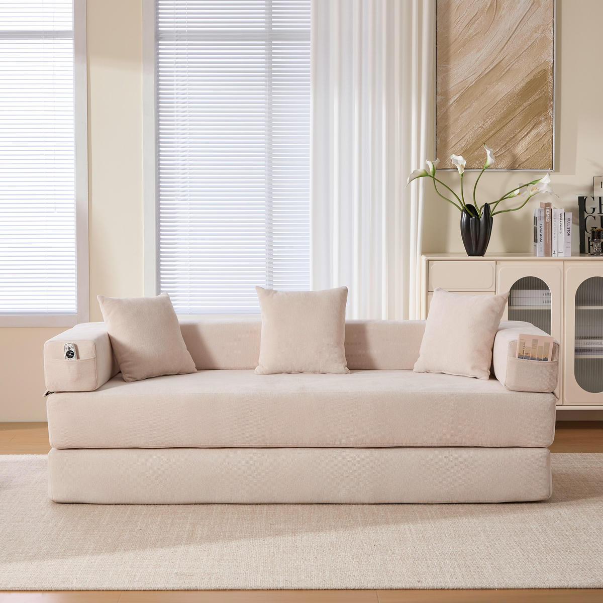 SCHLAFSOFA 198/79/60 cm Beige mit Aufbewahrungstaschen - Beige, Textil (198/60/79cm) - Oxeza