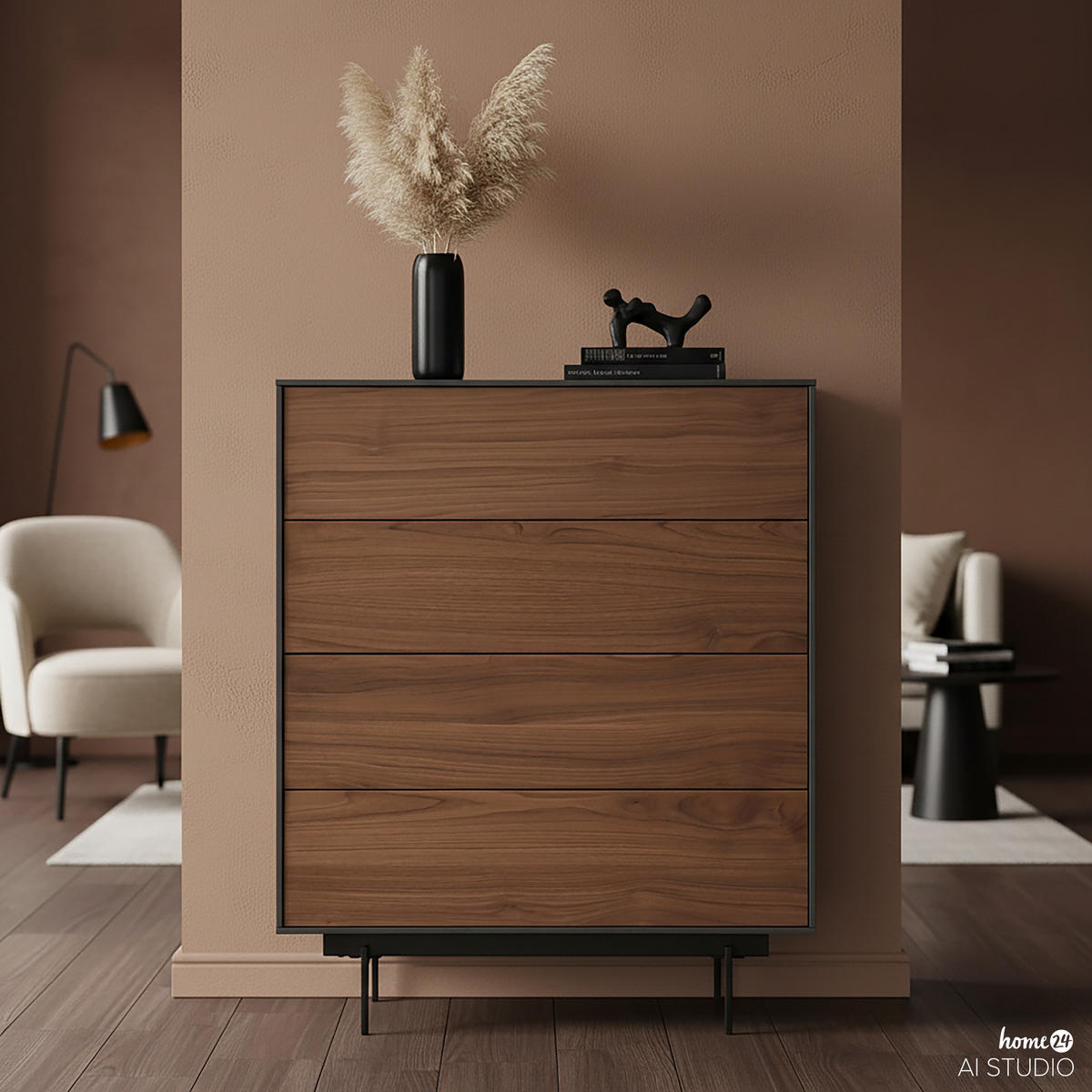 FURNIERTE KOMMODE - Dunkelgrau/Walnussfarben, Holzwerkstoff/Metall (80/100/40cm) - home24