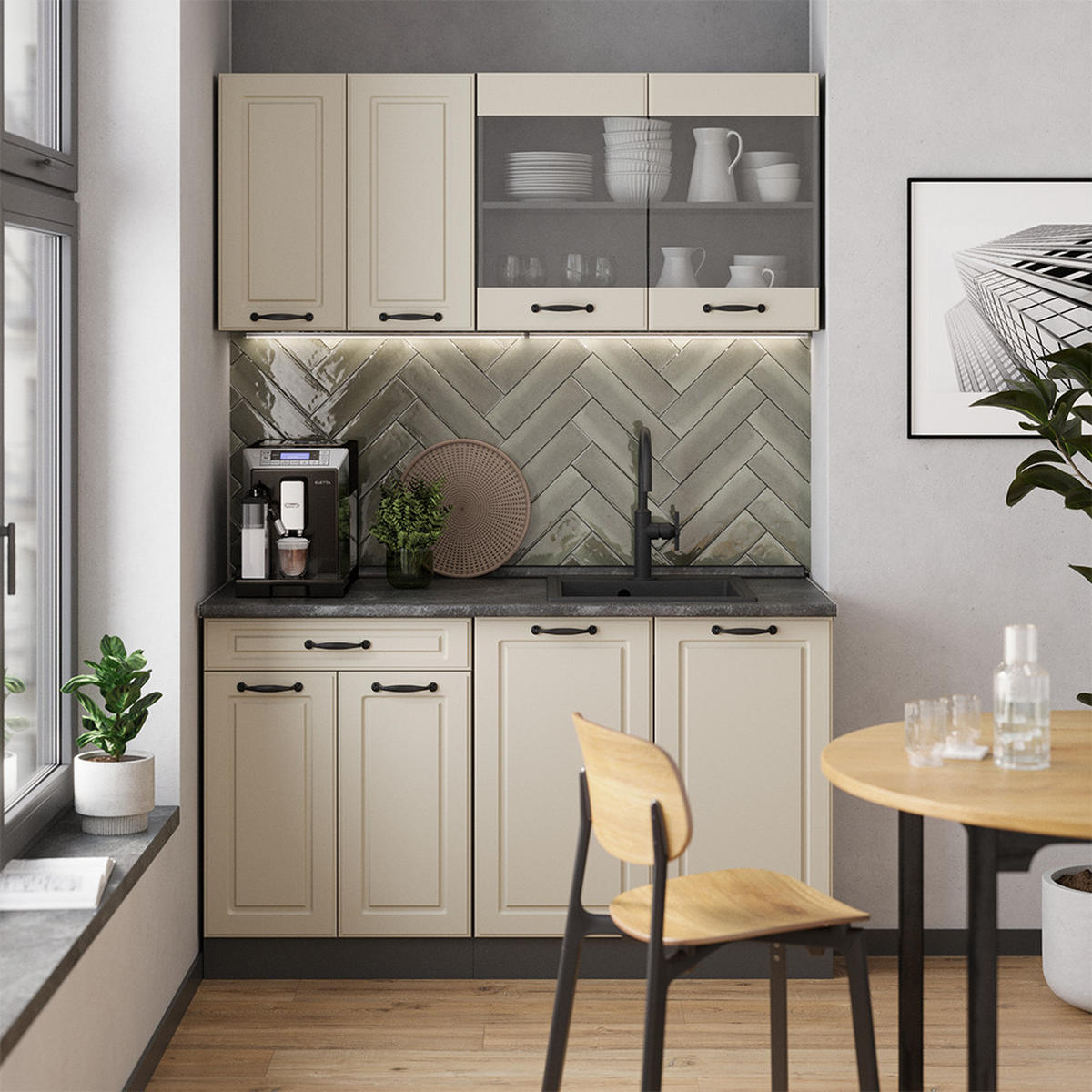 SINGLEKÜCHE R-Line, Sand Landhaus/Anthrazit, 140 cm Arbeitsplatte Anthrazit - Beige/Anthrazit, Holzwerkstoff (140/81.6/60cm) - Vicco