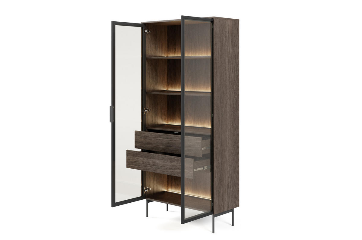 VITRINE, Dunin-Eiche, 91,5 x 194,6 x 39,3 cm - Schwarz/Braun, Holzwerkstoff/Metall (91.5/194.6/39.3cm) - 3XE LIVING