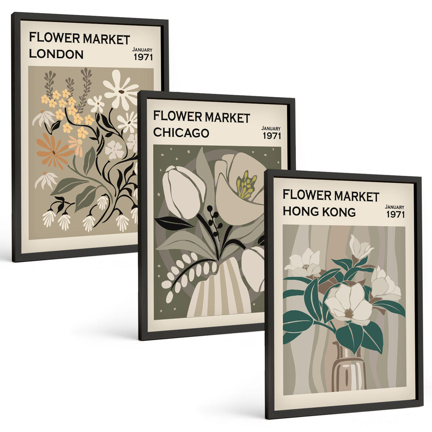 BILDER SET 3er Set - 40x60 cm Schwarzer Rahmen - Blumenmessen London Chicago Hongkong - Schwarz, Kunststoff (40/60cm) - TULUP