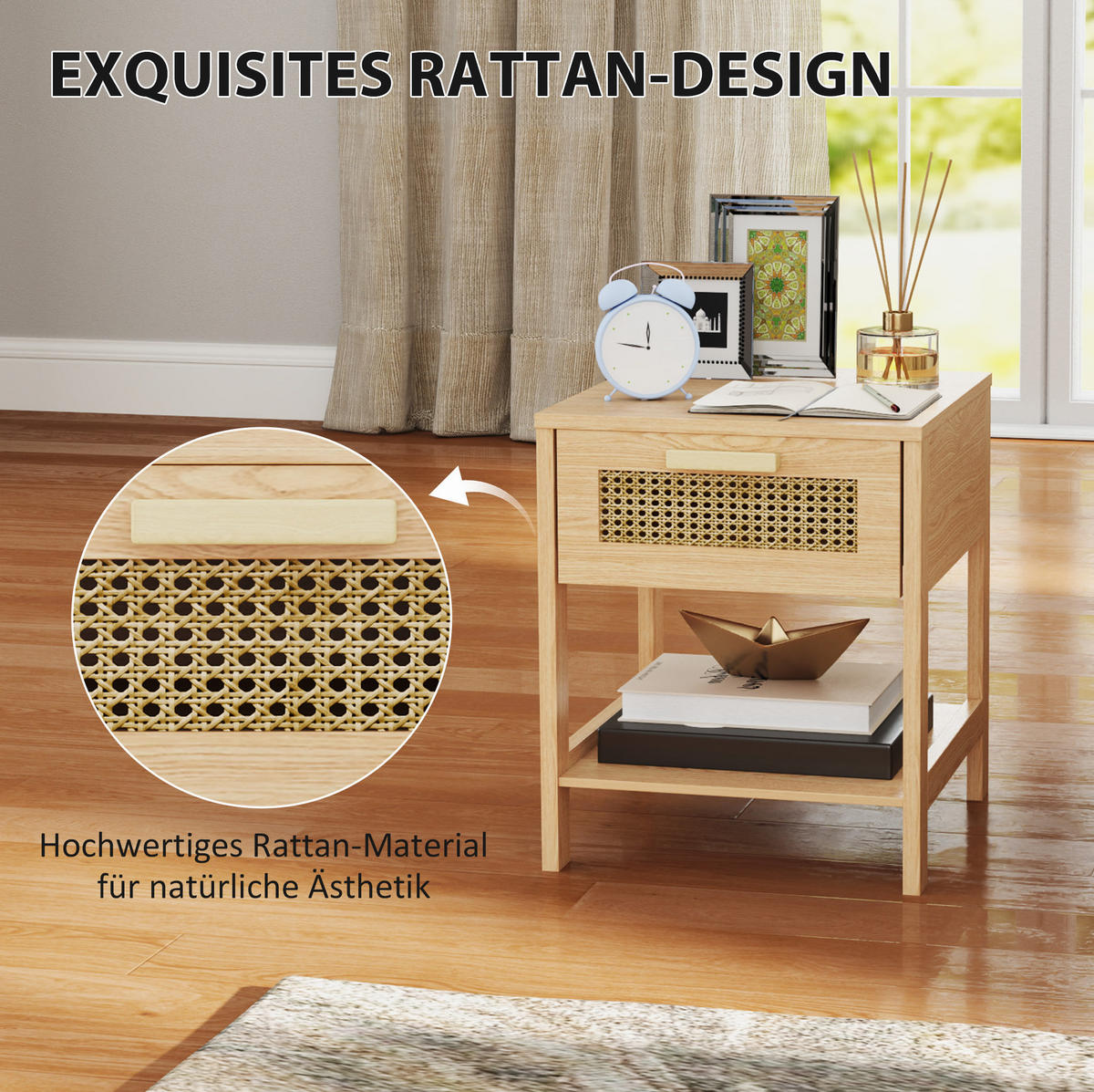 NACHTTISCH 40/40/48,4 cm mit Schublade & offenem Fach in Natur mit Rattan-Optik - Hellbraun, Holz (40/48.4/40cm) - BEAOK