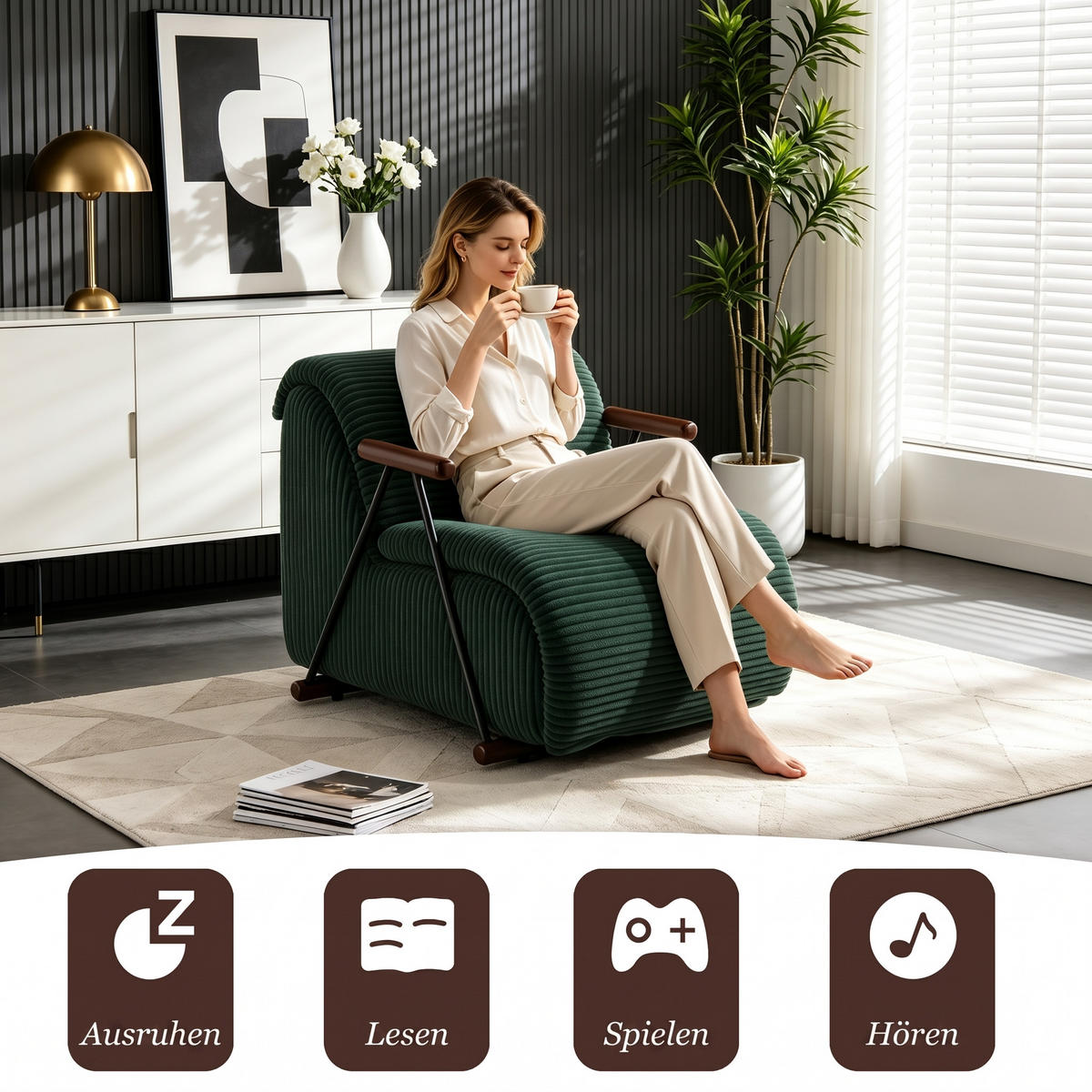 XXL-SESSEL mit Armlehnen, Cord Loungesessel, Ergonomisch, Grün - Grün, Textil/Metall (71/75/100cm) - LVHOM