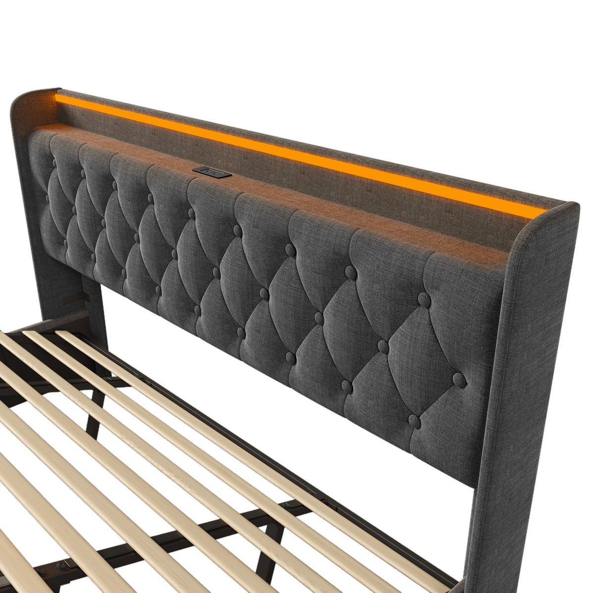ČALÚNENÁ posteľ z ľanu 180x200 cm sivá s LED osvetlením, USB-C nabíjaním a hydraulickým úložným priestorom - sivá, textil (180/200cm) - Modfu
