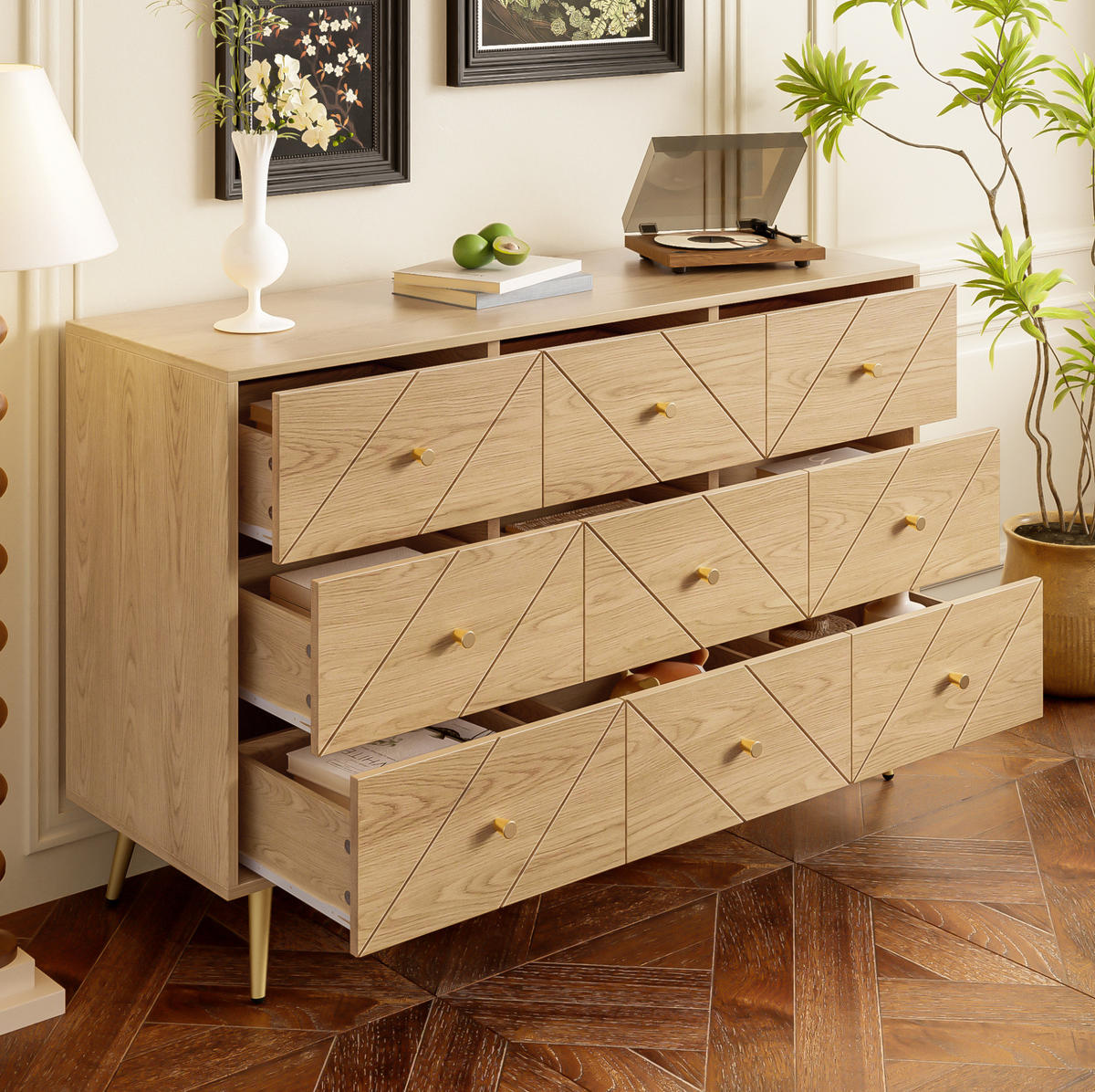 KOMMODE, 9 Schubladen, PB mit Eisenbeinen, geometrische Fronten, 120x39x80 cm, Natur - Naturfarben, Holzwerkstoff (39/80/120cm) - Modfu