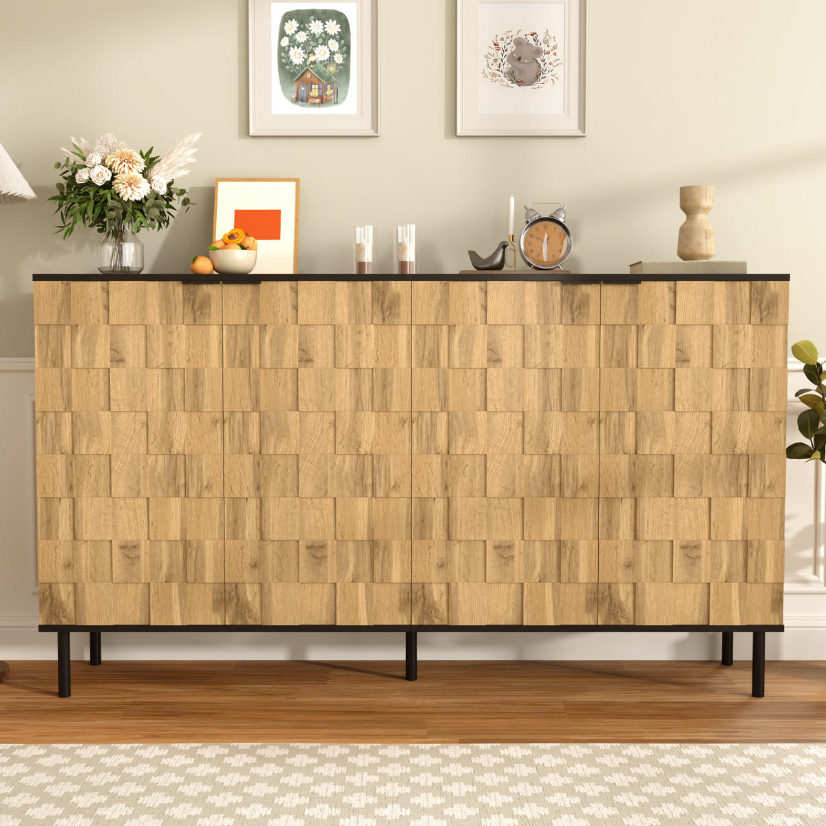 SIDEBOARD Mosaik 2 Türen Holzoptik Metallfüße modern - Naturfarben, Holzwerkstoff (35/80.5/160cm) - FLIEKS