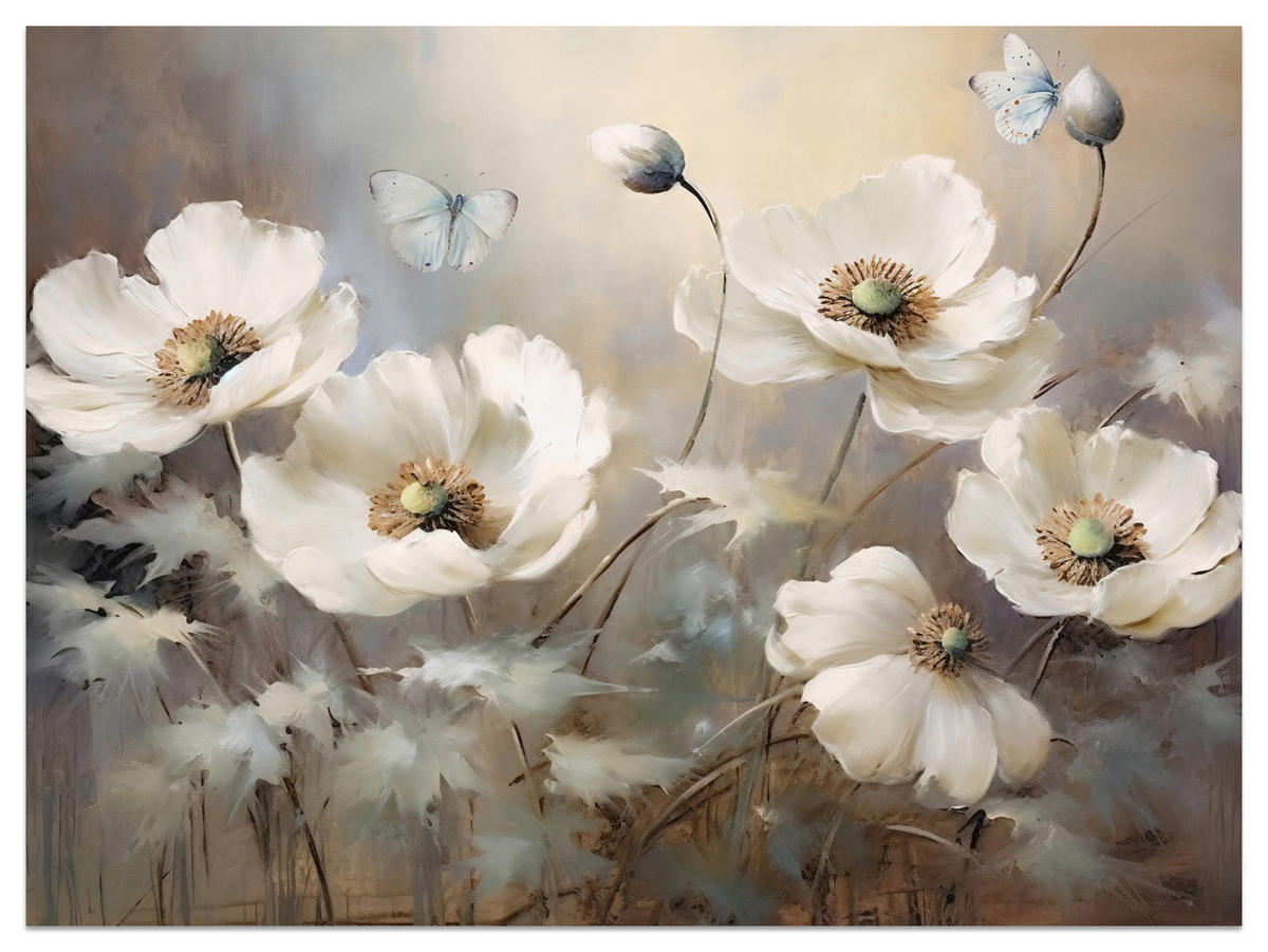 FOTOTAPETE für Schlafzimmer Abstrakte Weiße Mohnblumen Schmetterlinge Aquarell 300x210 - Beige/Braun, Papier (300/210cm) - Muralo