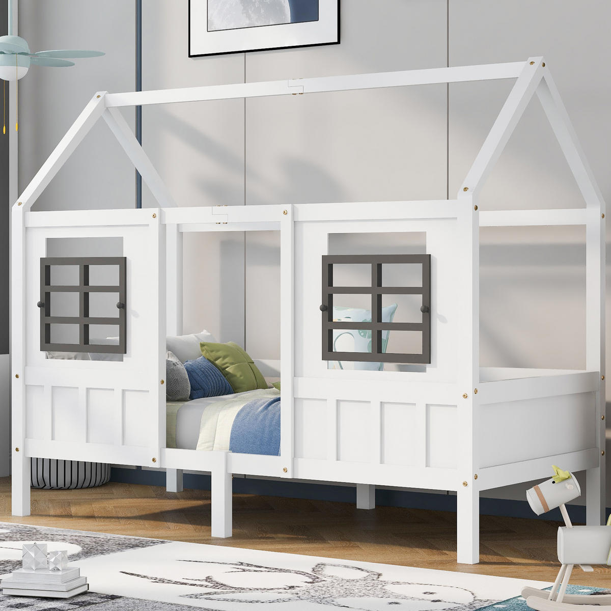 HAUSBETT aus Kiefer und MDF 200x90 cm Weiß mit 2 Fenstern und umlaufendem Fallschutz - Weiß, Holzwerkstoff (90/200cm) - Modfu