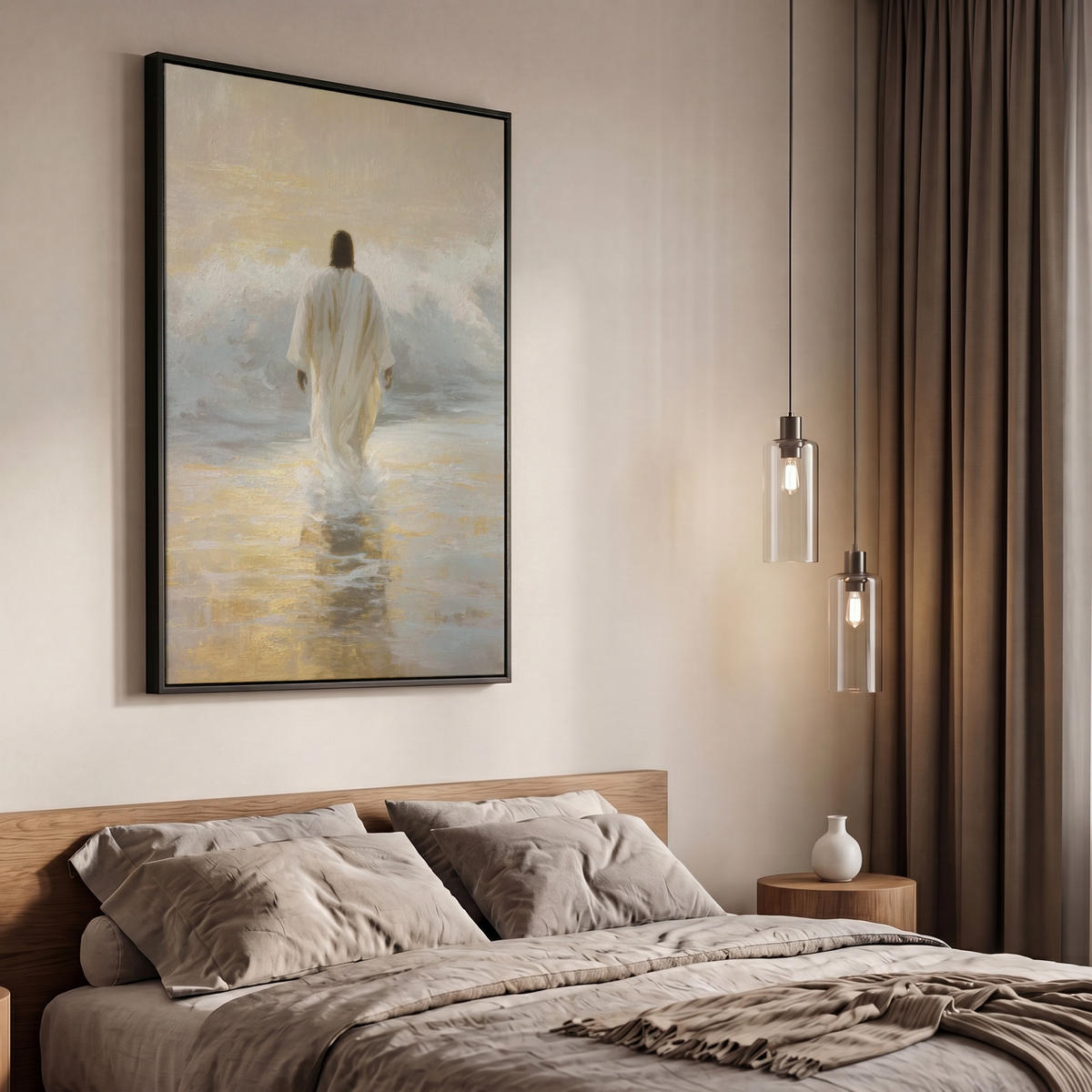 LEINWAND Bilder mit Rahmen - Gemälde - Welle - Jesus - Abstrakt - 60x90 - Goldfarben, Textil (60/90cm) - MuchoWow