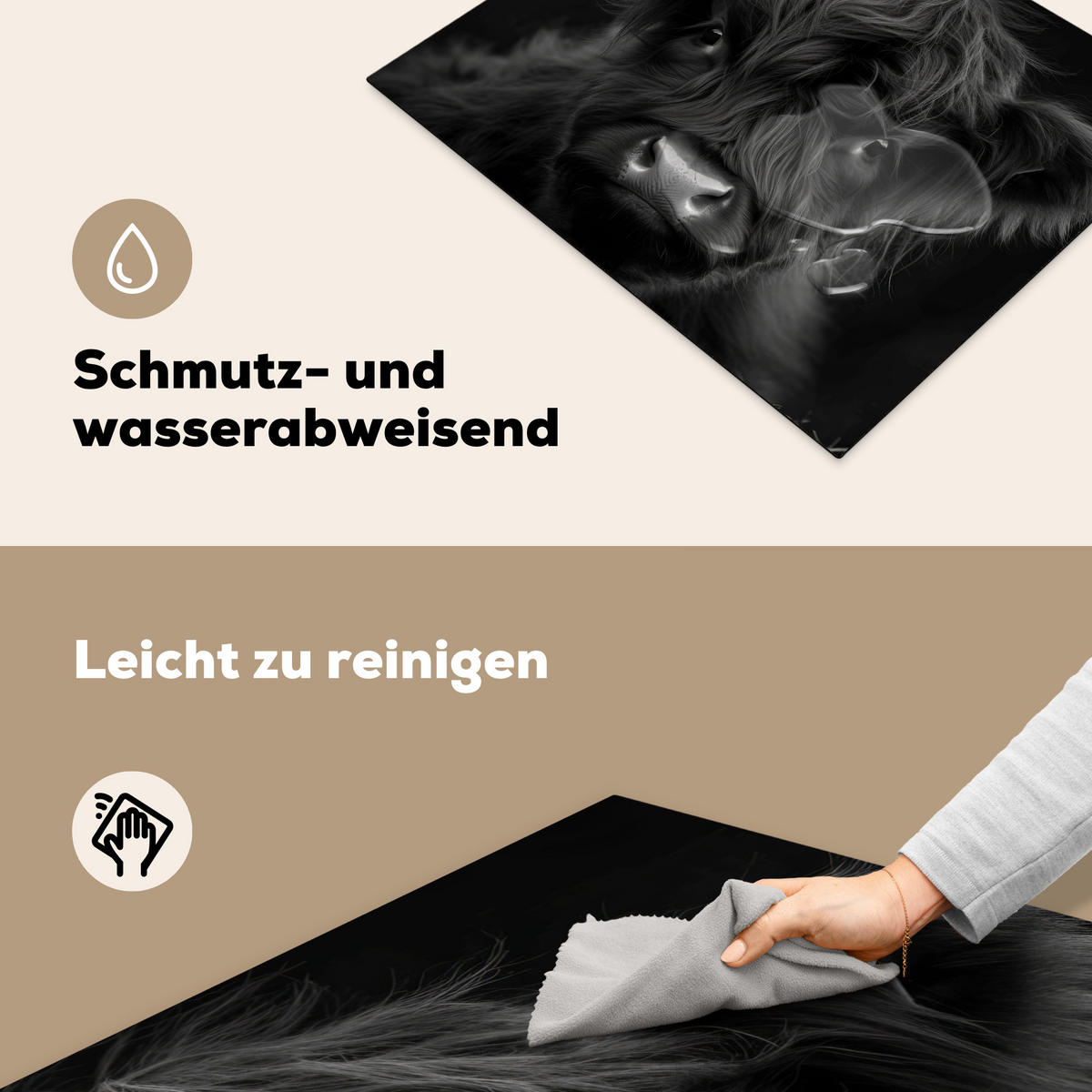 HERDABDECKPLATTE Scottish Highlander - Schwarz - Kalb - Kuh Herdabdeckung Induktionsfeld 65x52 cm - Schwarz, Kunststoff (65/52/0.2cm) - MuchoWow