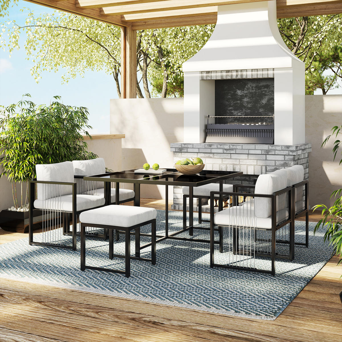 GARTENSET 7 tlg 6 Personen Tisch Stühle - Schwarz, Metall - LEBENLANG