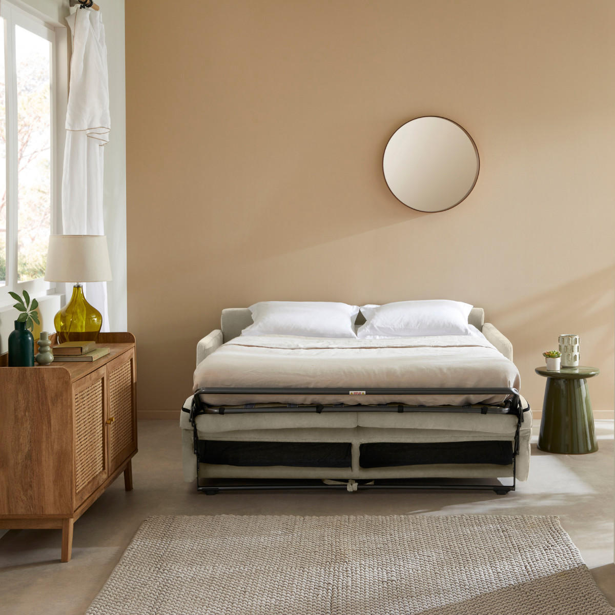 SCHLAFSOFA 3-sitzer mit express-Öffnung in stoff cosenza 175/100/87 cm - Beige, Holz (175/87/100cm) - Calicosy