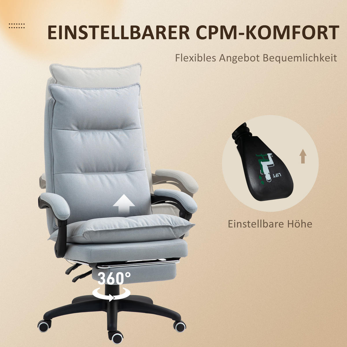 ERGONOMISCH Bürostuhl mit Massagefunktion, Computerstuhl mit Liegefunktion - Hellgrau, Kunststoff (62/130/70cm) - Vinsetto