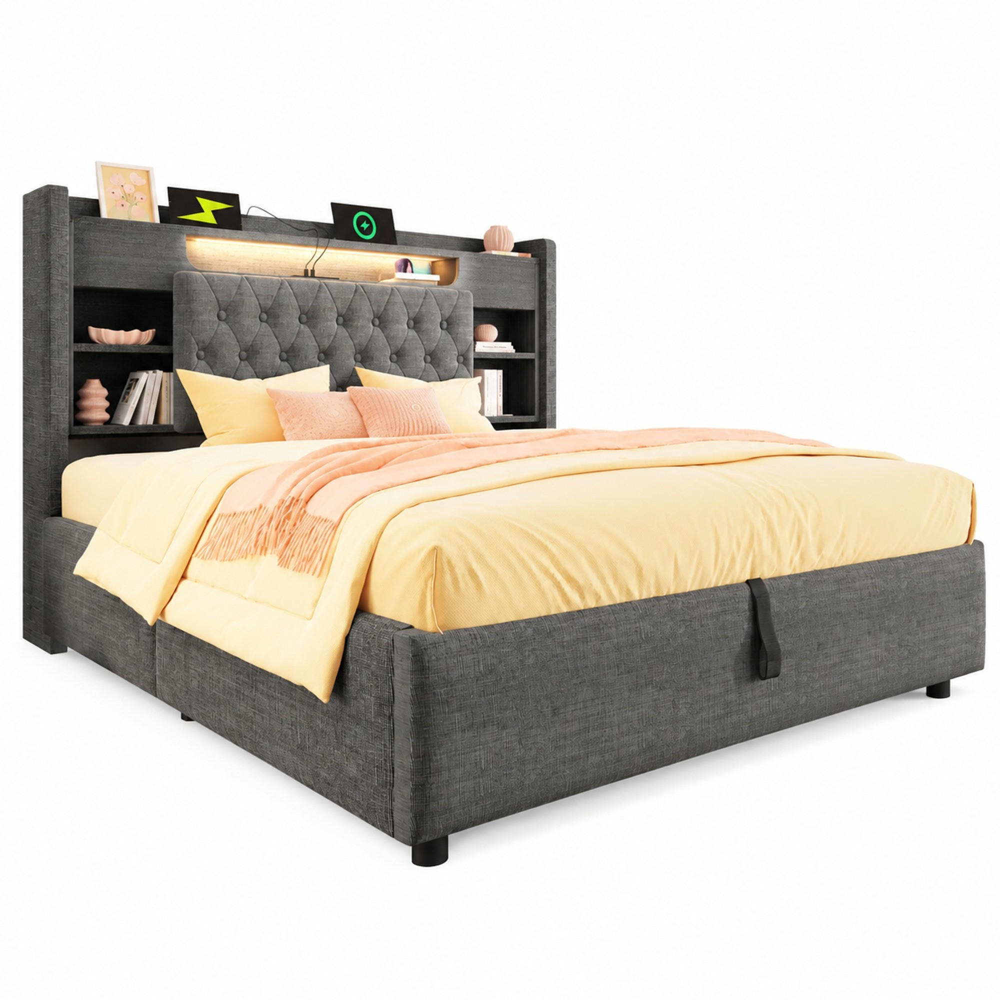 POLSTERBETT 140x200 cm mit LED-Beleuchtung, USB- und USB-C-Anschlüssen sowie Stauraum im Kopfteil, Grau - Grau, Textil (140/200cm) - Redom