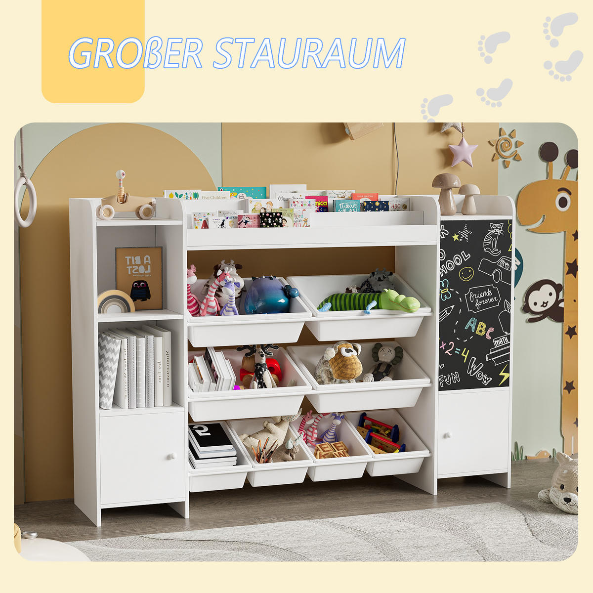 BÜCHERREGAL Kinder, 4 Ebenen, 5 Fächer, 8 abnehmbare Boxen, Schlafzimmer/Spielzimmer, weiß - Weiß, Holz (137/94.5/30cm) - EuroLiving