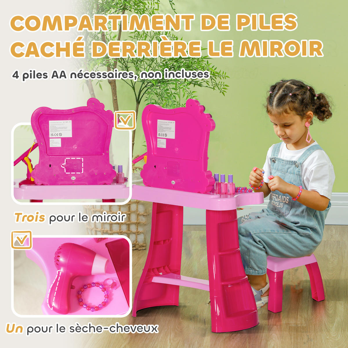 SCHMINKTISCH DE-18737 15-teilig mit Mikrofon & Föhn, Licht & Musik - Pink, Kunststoff (46.5/78.5/25cm) - ComfortXL