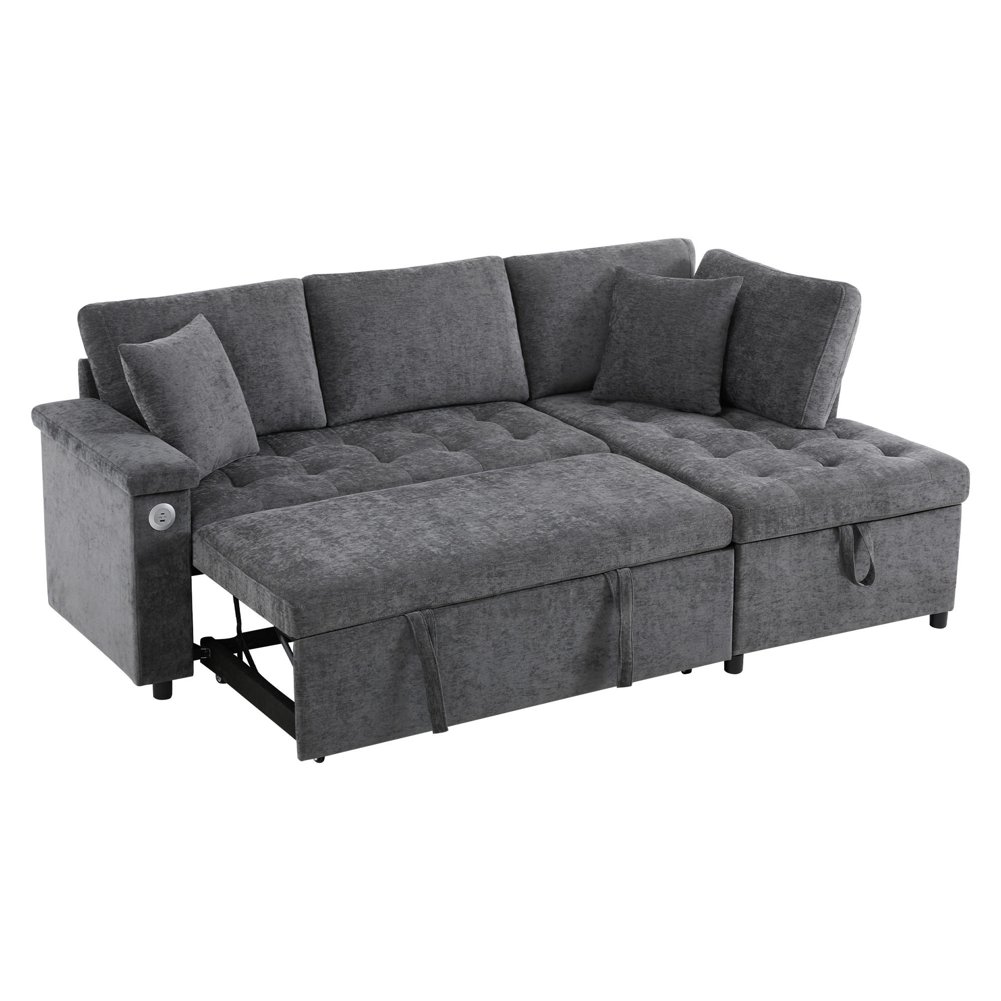 ECKSCHLAFSOFA 209/130/84 cm Dunkelgrau mit Stauraum, USB-Ladegerät, Armlehnenablage und 2 Kissen - Dunkelgrau, Textil (209/130cm) - Oxeza
