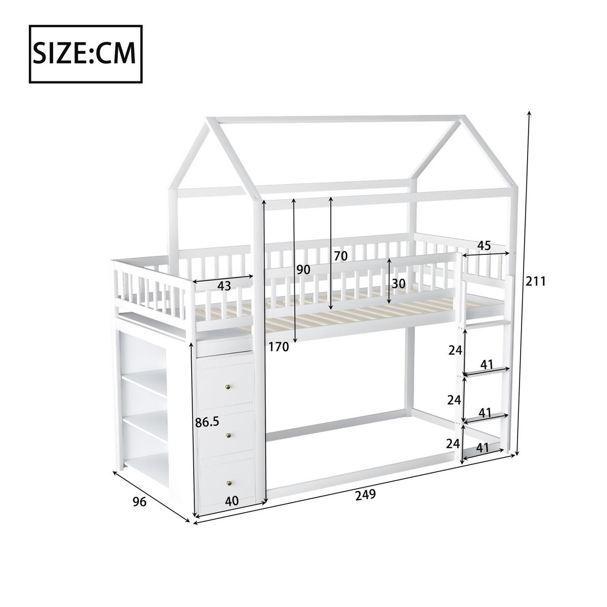 ETAGENBETT 90/200 cm Hausform mit Aufbewahrungskommode und Regalen - Weiß, Holz (90/200cm) - OKWISH