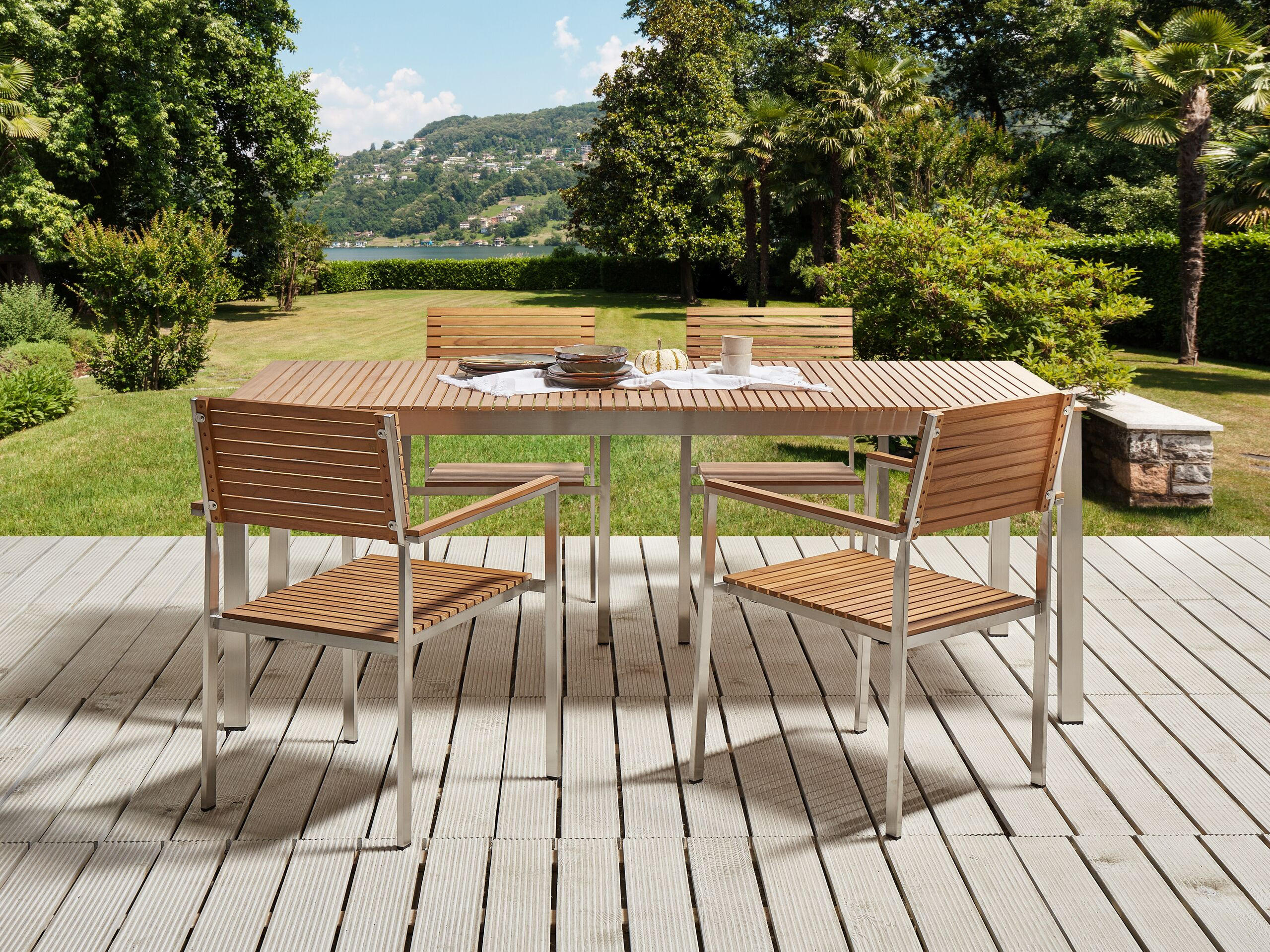 GARTENTISCH Heller Holzfarbton Viareggio - Hellbraun/Silberfarben, Holz (200/90/75cm) - Beliani