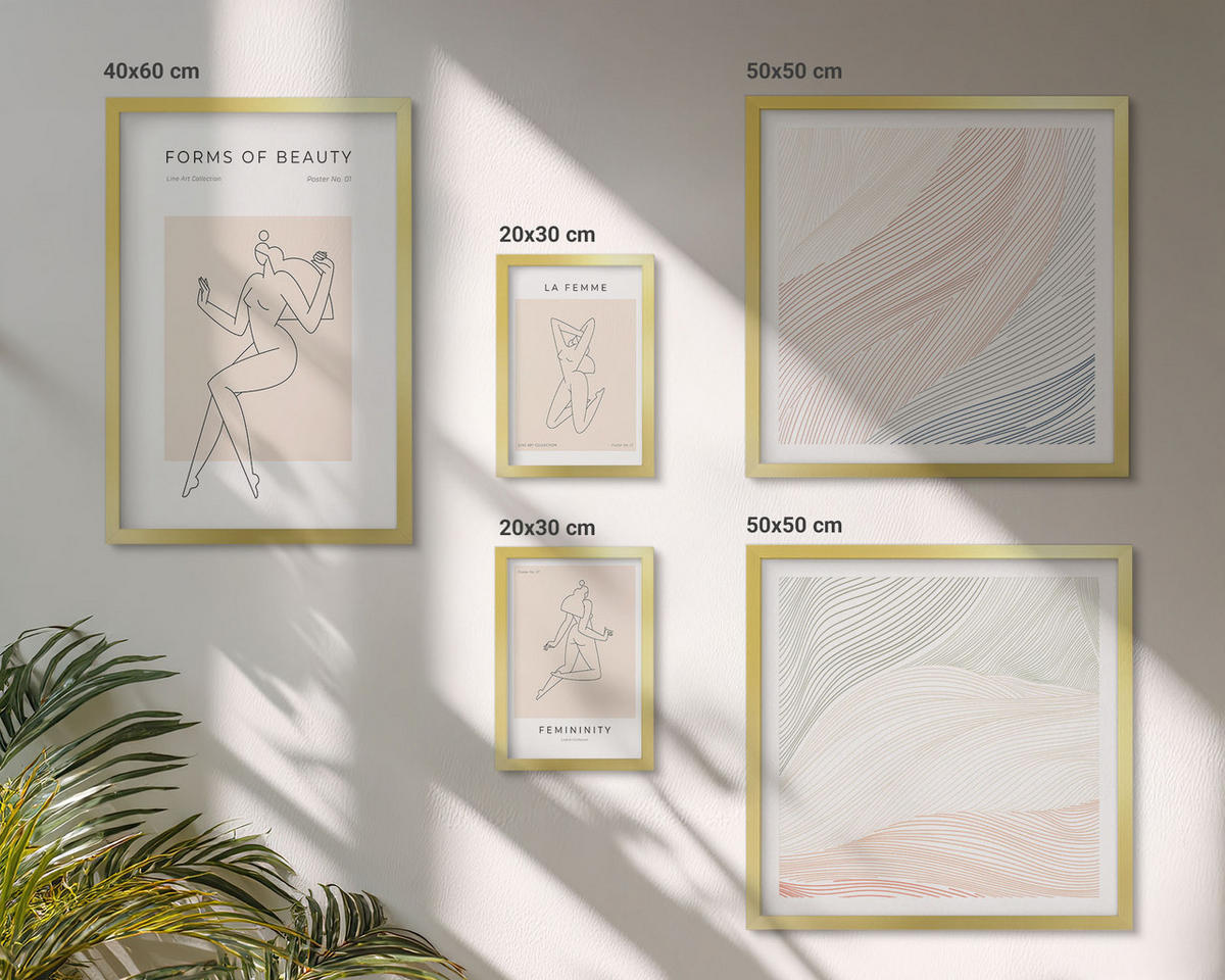 BILDER SET 5er Set - 50x50 cm & 20x30 cm & 40x60 cm Goldrahmen - Weibliche Silhouetten auf Plakaten - Goldfarben, Kunststoff (40/60cm) - TULUP