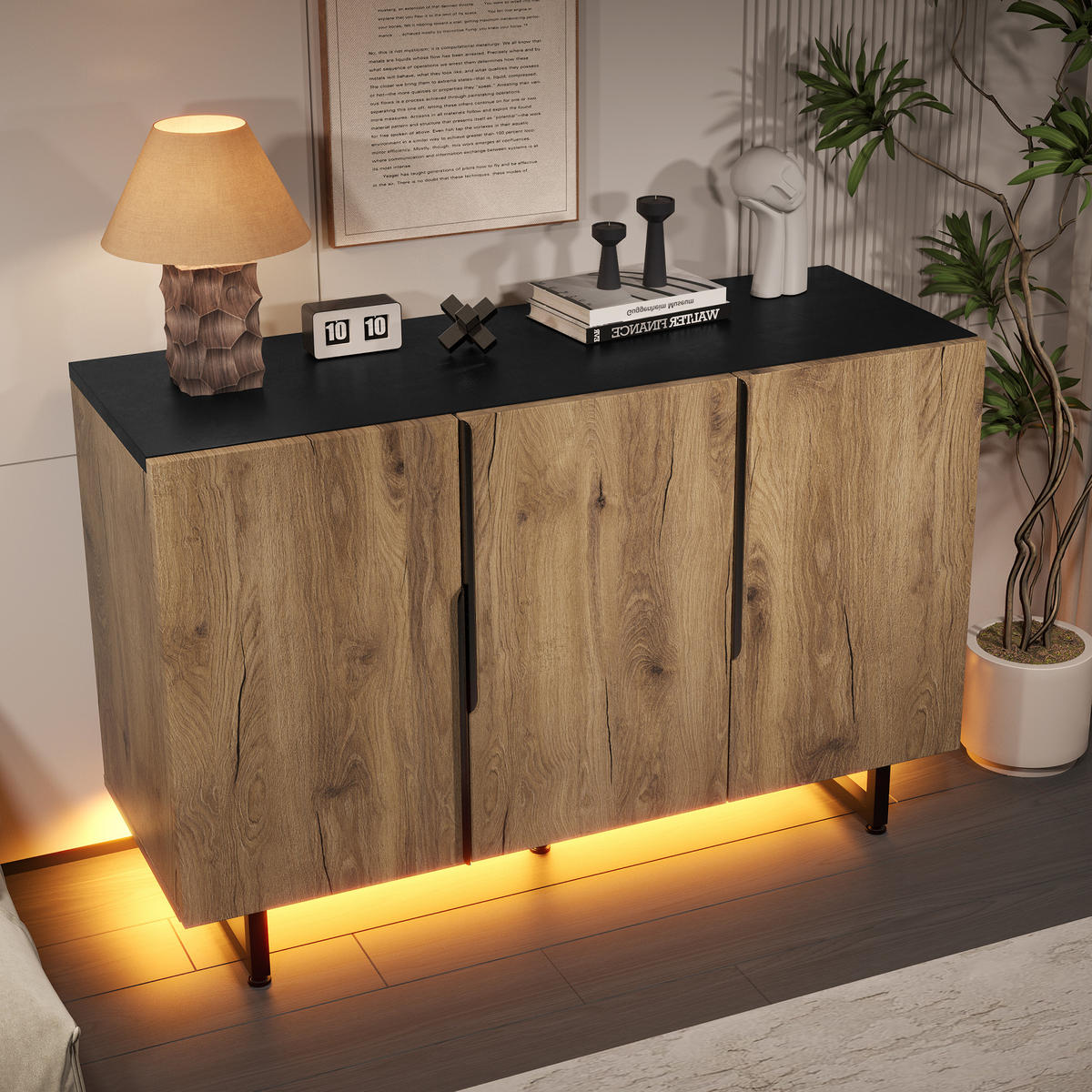 SIDEBOARD mit LED-Beleuchtung - Verstellbare Regalböden, justierbare Füße und freistehende Konstruktion - Natur - Naturfarben, Holz/Holzwerkstoff (38/80/120cm) - KOMHTOM