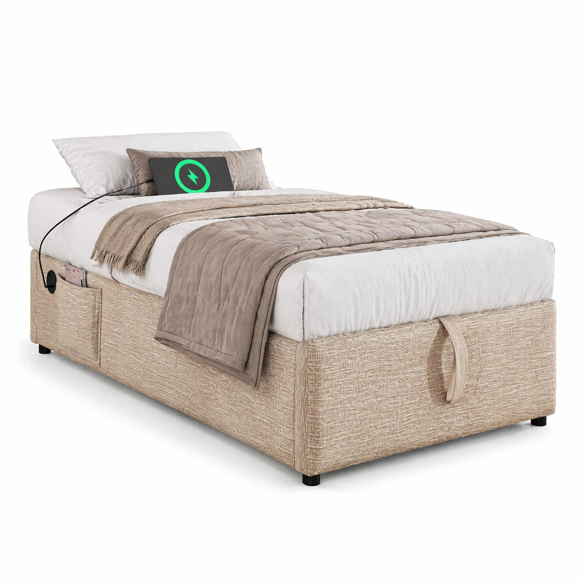 POLSTERBETT 90/200 mit Bettkasten, USB und Type-C in Natur - Naturfarben, Holzwerkstoff/Textil (90/200cm) - EVRYAE