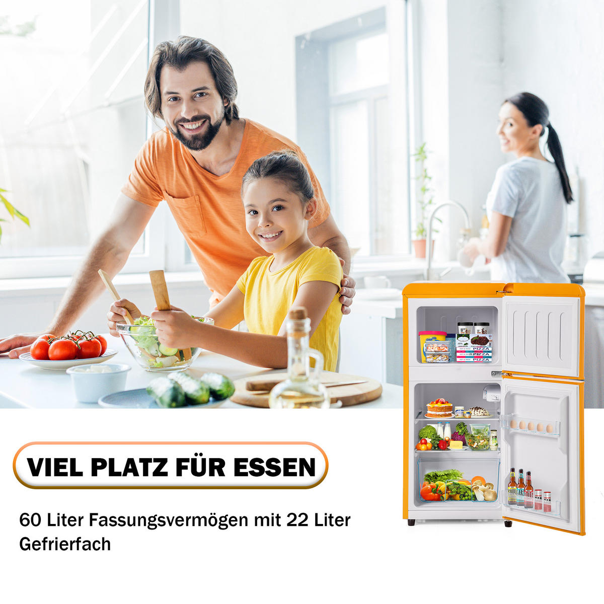 KUHLSCHRANK 45.5/42/88.8 cm Antikgelb 60L mit LED-Licht, Energieklasse E - Gelb, Metall (45.5/88.8/42cm) - Oxeza