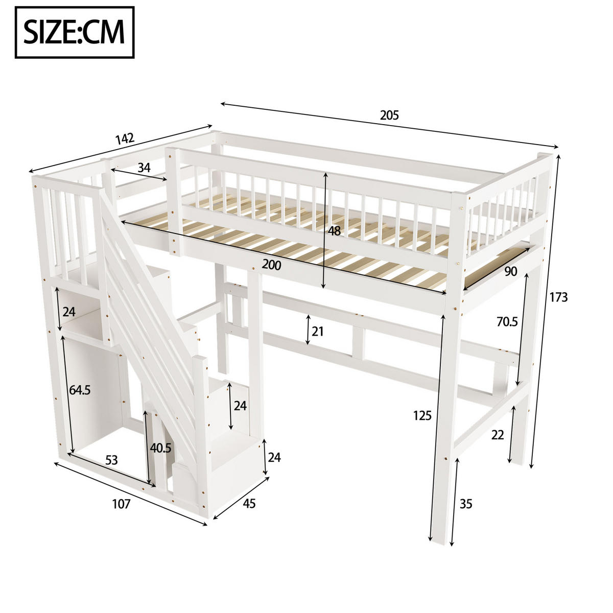 HOCHBETT 90/200 cm in Weiß aus Holz mit Aufbewahrungstreppe - Weiß, Holz (90/200cm) - OKMYHOME