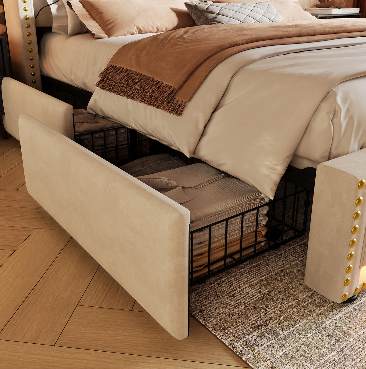 POLSTERBETT 140/200 cm Beige mit 4 Schubladen, LED-Beleuchtung und Matratze - Beige, Textil (140/200cm) - Flora Grace