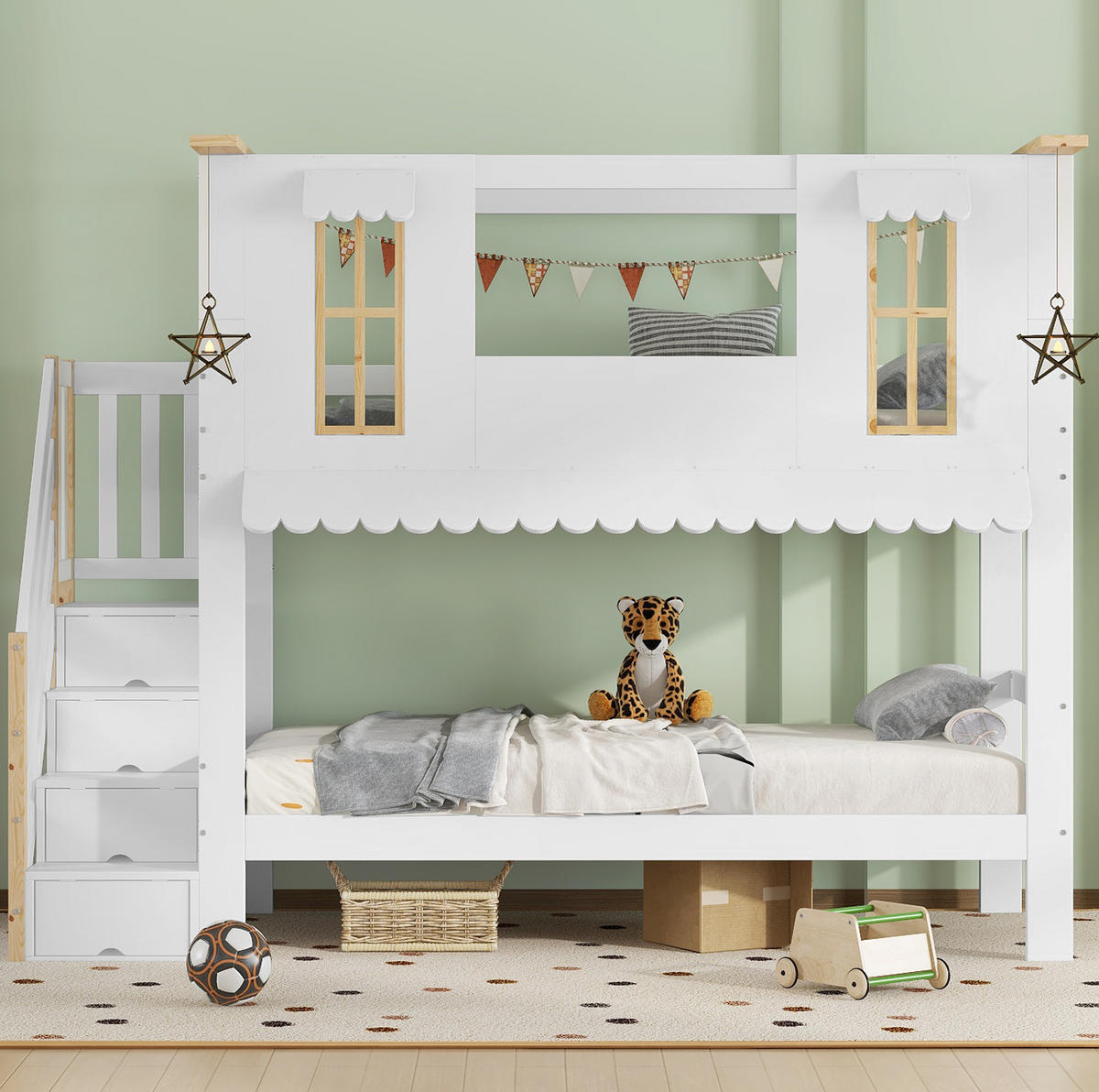 ETAGENBETT mit Aufbewahrungstreppe 90x200 cm Weiß/Natur - Weiß, Holzwerkstoff (90/200cm) - Beauniv