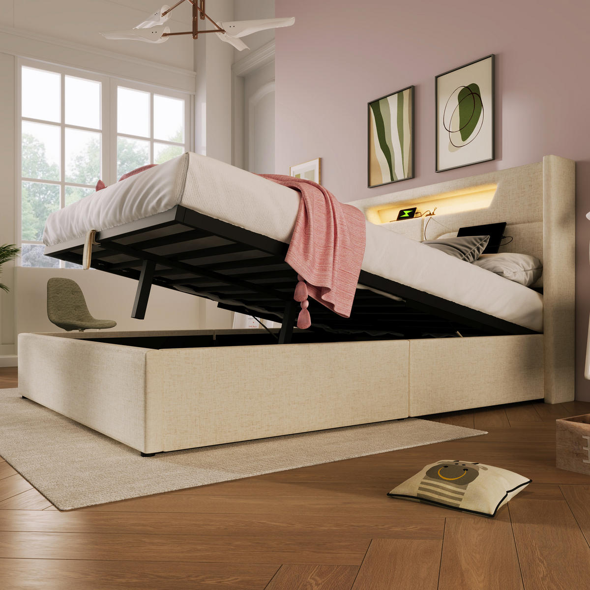 POLSTERBETT 160/200 cm Beige mit USB- und Type-C-Anschlüssen und LED-Beleuchtung - Beige, Textil (160/200cm) - OKWISH