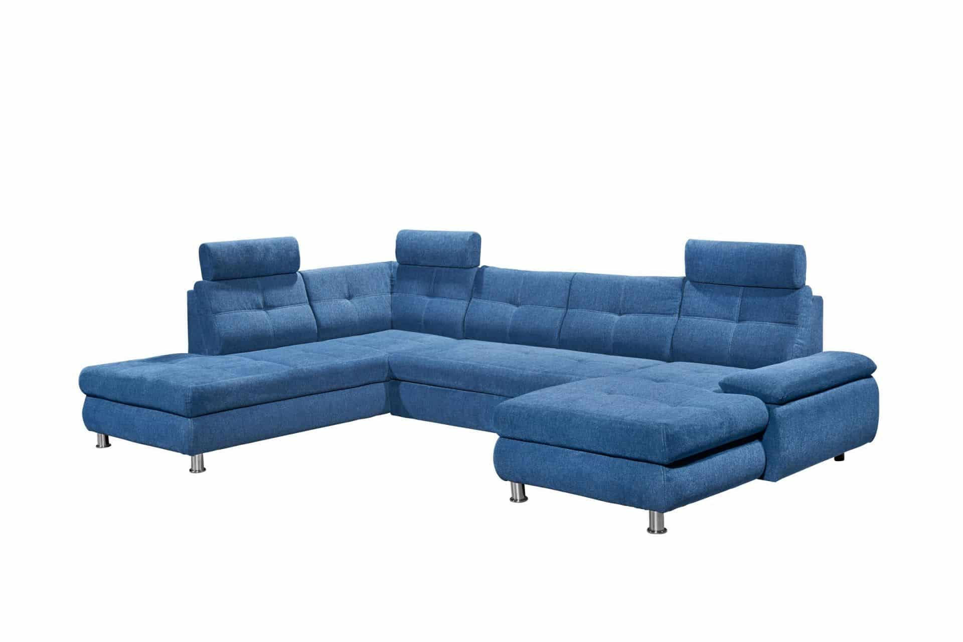 WOHNLANDSCHAFT mit Schlaffunktion, Bettkasten und verstellbaren Arm- und Kopflehnen - Chromfarben/Blau, Textil/Metall (349/88/233cm) - ed exciting design