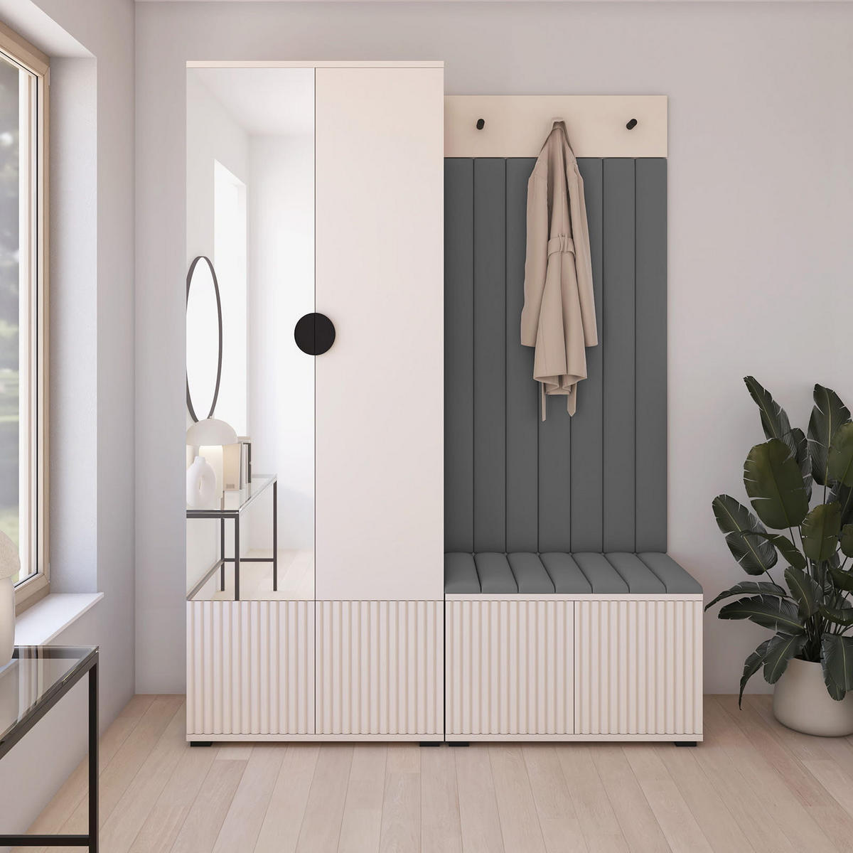 GARDEROBE Ritmo version 1 mit Spiegel, mit POLSTERPANEELEN DUNKELGRAU - Dunkelgrau/Beige, Holzwerkstoff (140/185/40cm) - Jerpax