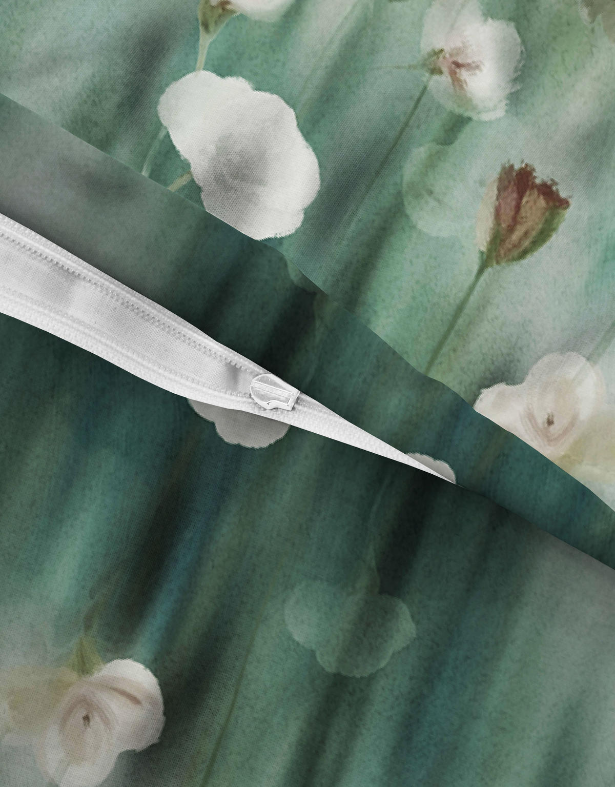 BETTWÄSCHE-GARNITUR Premium Biber Aquarellblumen salbei, 135x200 cm + 80x80 cm - Salbeigrün, Textil (135/200cm) - biberna