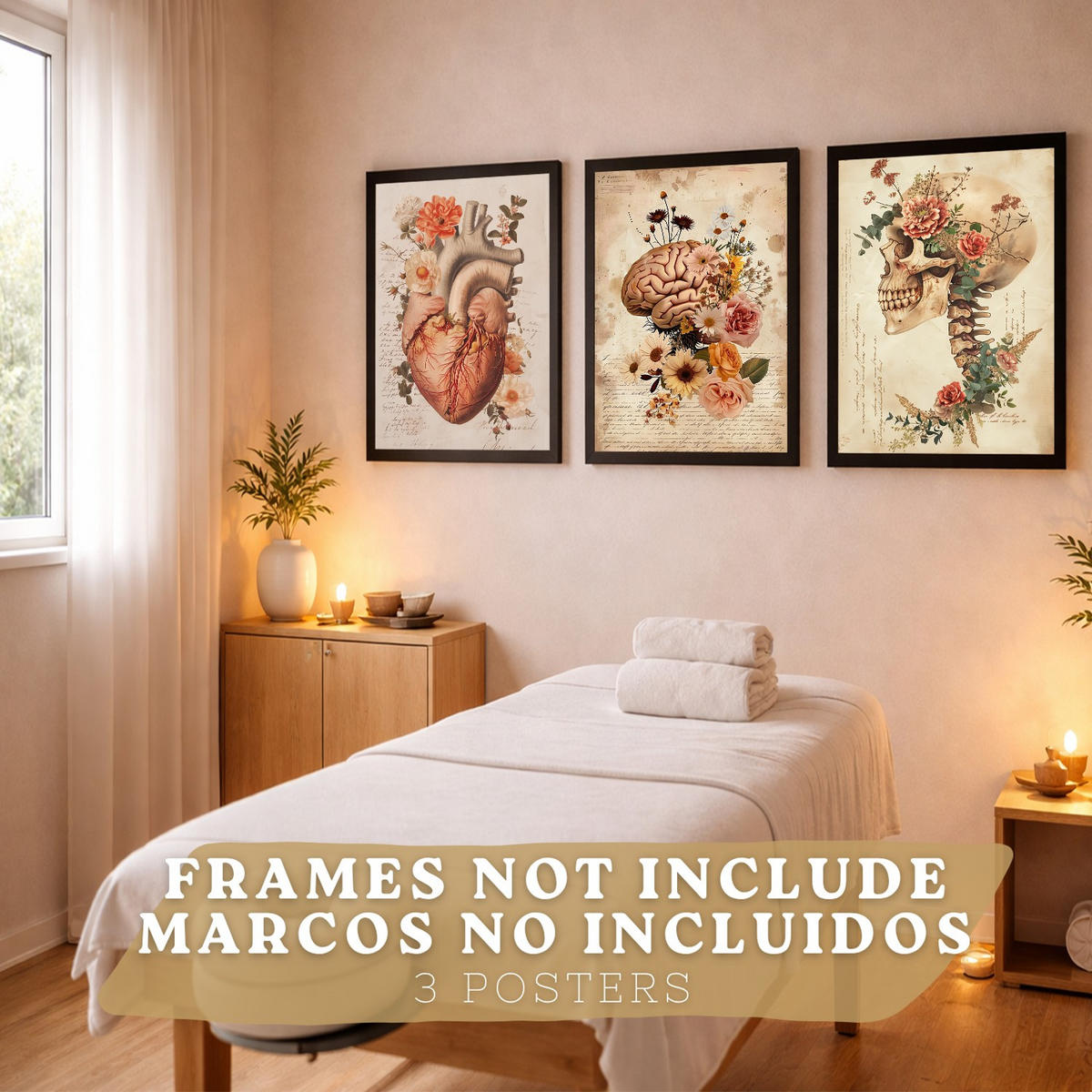 POSTER Set aus 3 Anatomie Mensch Drucke und Wandbilder mit Herz Gehirn und Schädel Vintage Floraler Stil Wanddekoration Größe Rahmenlos A4 - Klar, Papier (21/29.7/3cm) - Nacnic