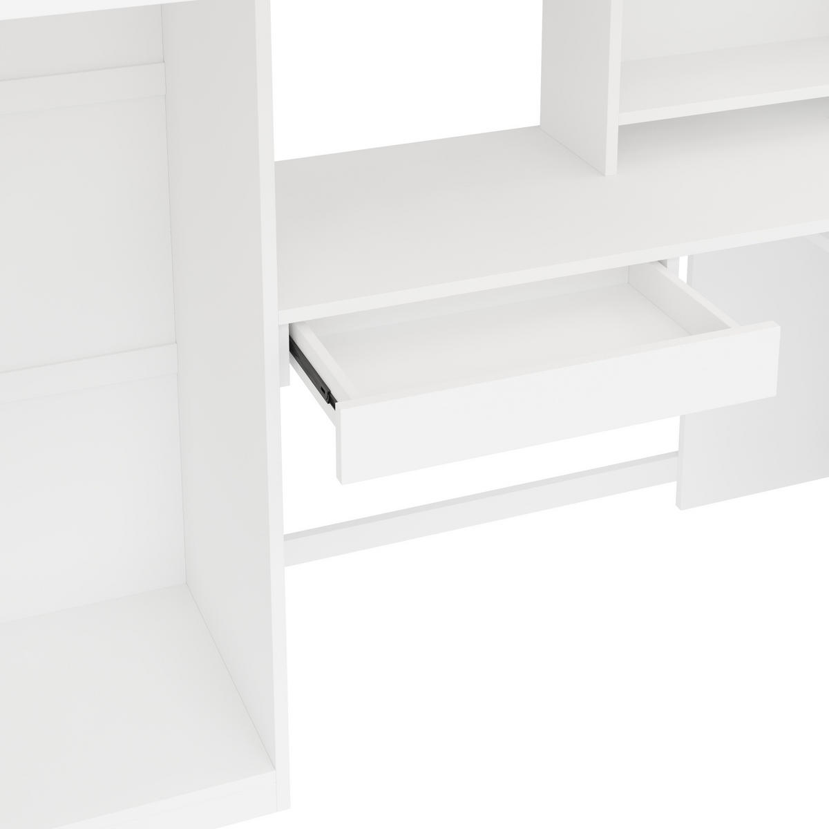 HOCHBETT 90/200 cm in Weiß mit Schublade, Regalböden, Kleiderschrank, Schreibtisch, LED und USB aus Kiefernholz und MDF - Weiß, Holzwerkstoff (90/200cm) - STILVORA