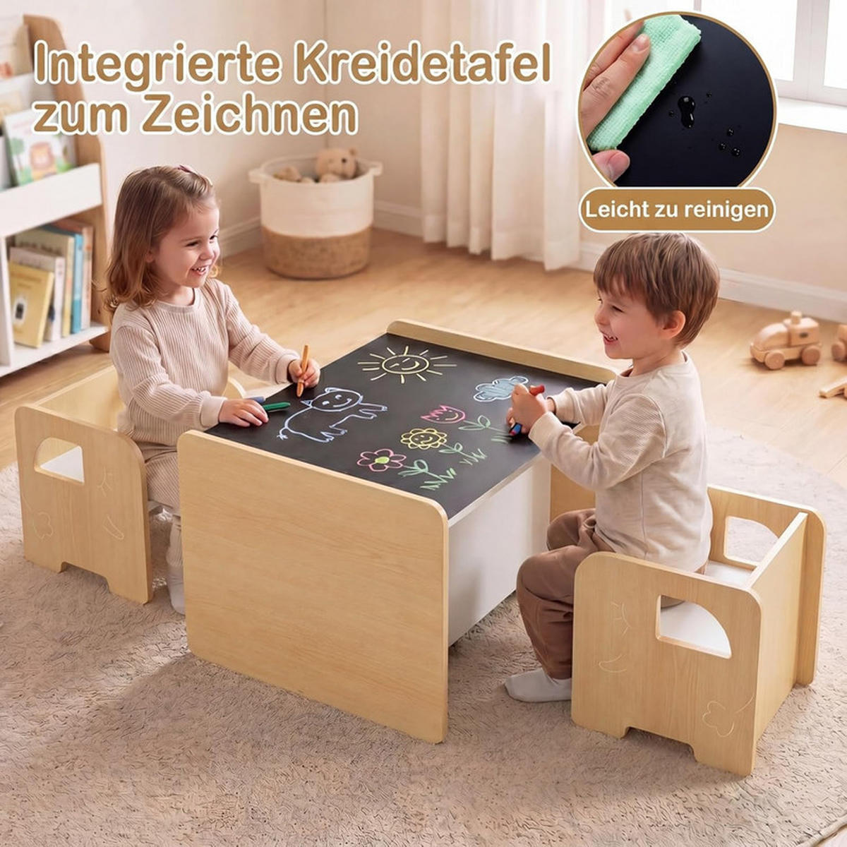 KINDERTISCH mit Stuhl natur(3-tlg) - Naturfarben, Holzwerkstoff (62.5/40/48cm) - COSTWAY