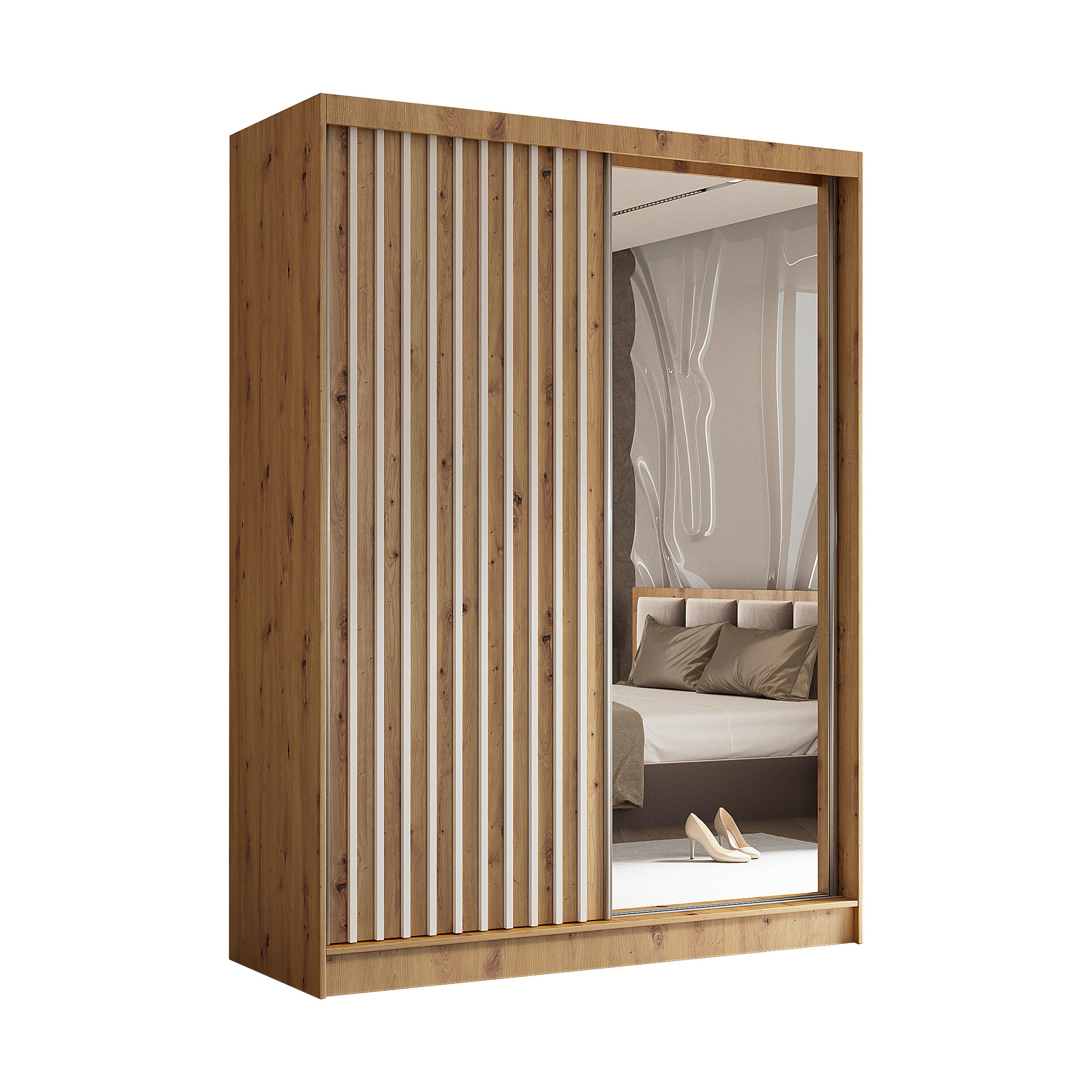 SCHWEBETÜRENSCHRANK LAMELLO 160/216/61 cm 2-türig mit Spiegel Eiche Artisan - Eiche Artisan, Holzwerkstoff (160/216/61cm) - MASSENO