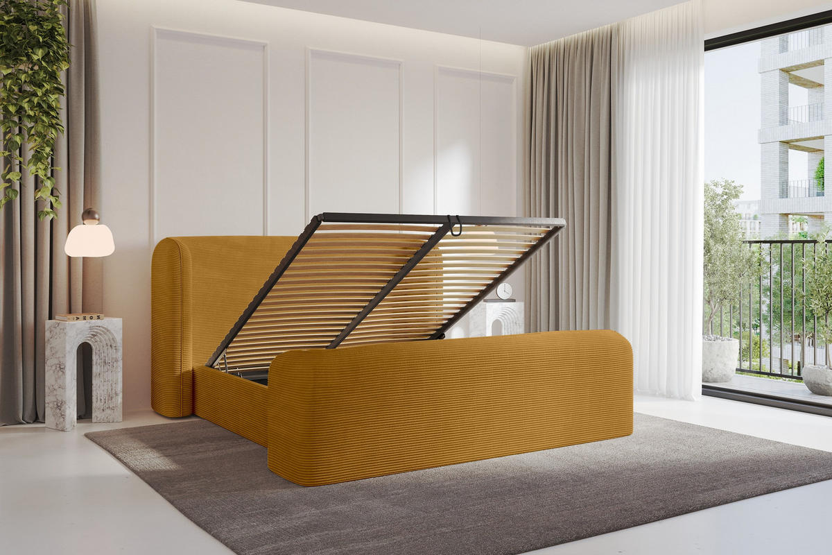 POLSTERBETT mit Bettkasten, Fußteil und Lattenrost, Boxbett ohne Matratze - ESTI-Z 160x200 Senfgelb - Currygelb, Holzwerkstoff/Textil (160/200cm) - ALTDECOR
